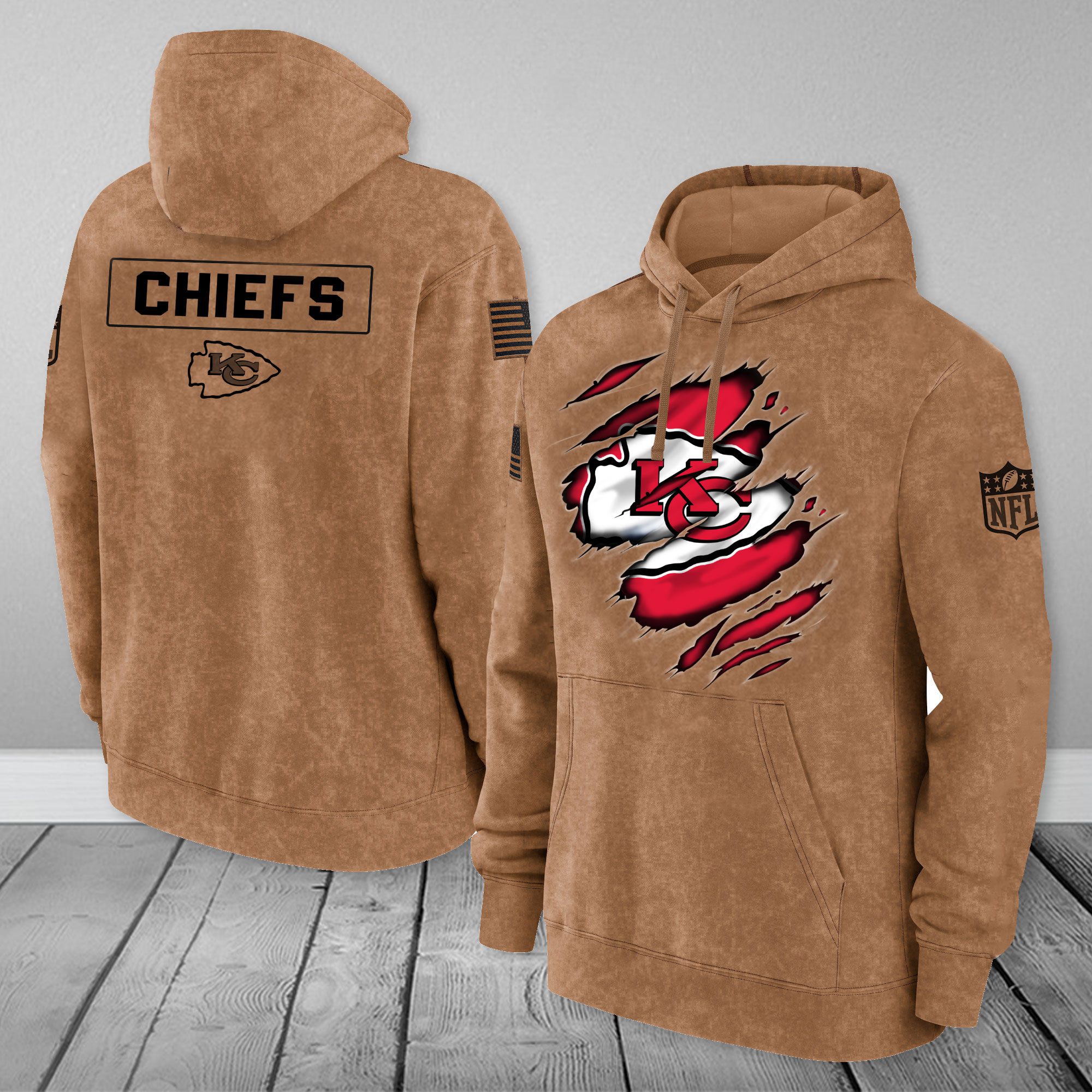 Kansas City Chiefs NFL Brown Distressed Logo Salute To Service 2023 3D Hoodie PH1048