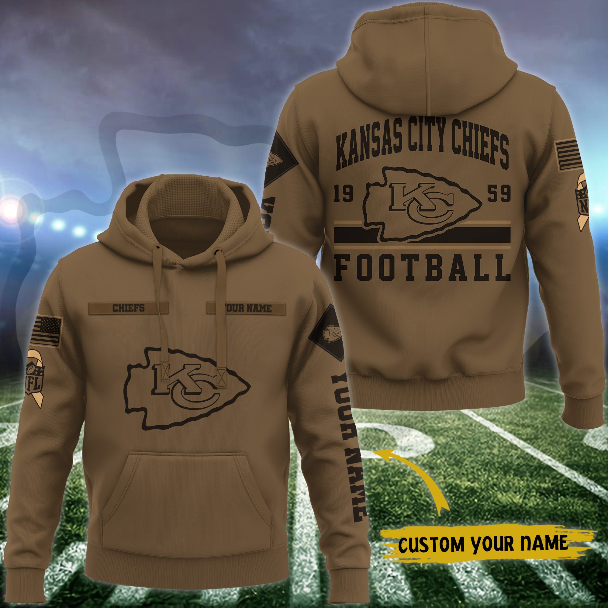 Kansas City Chiefs NFL Brown Salute To Service 2023 Veteran 3D Hoodie Custom Your Name PH1144