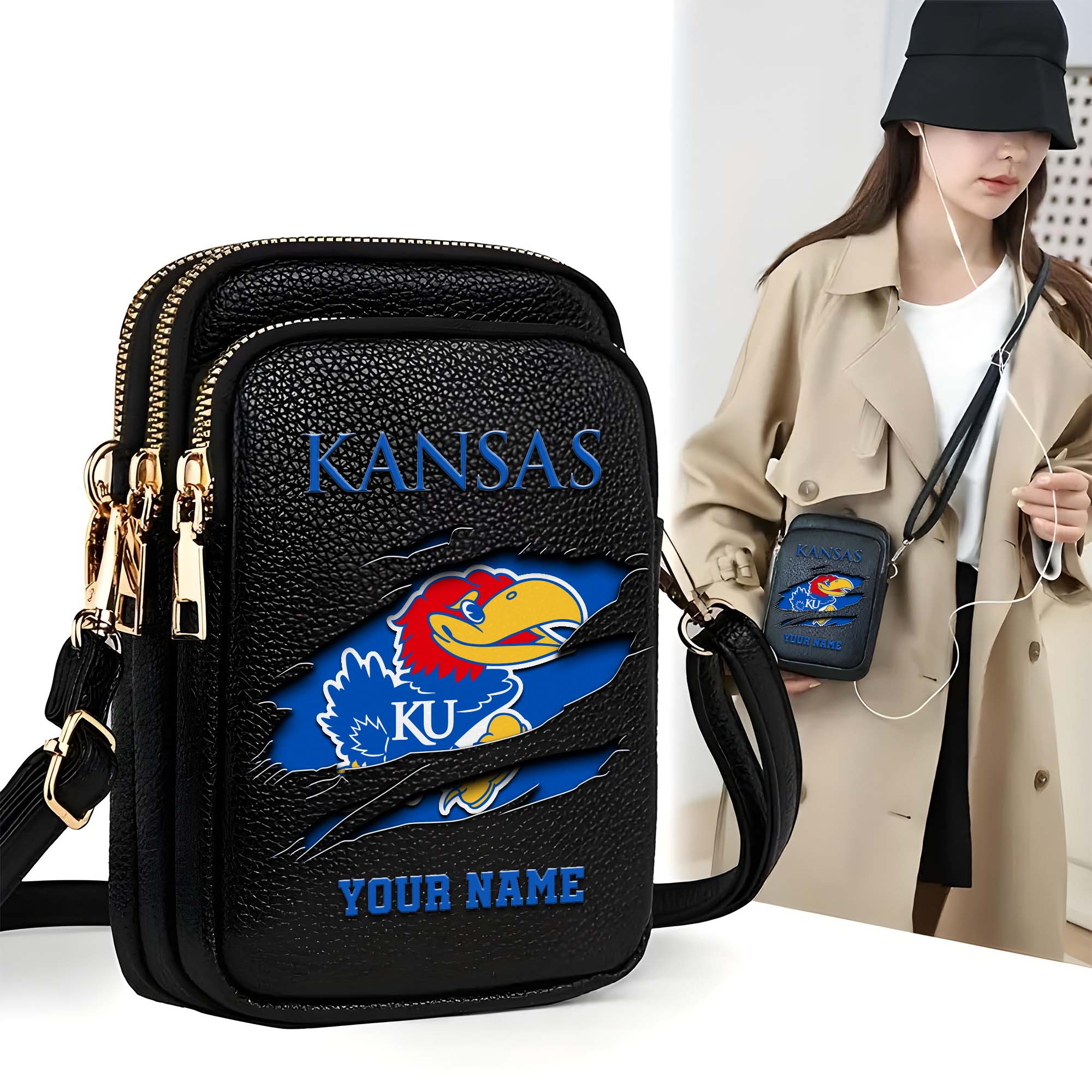 Kansas Jayhawks Customized Womens Mobile Phone Bag With Your Name, Leather Crossbody Bag, Fan Gifts