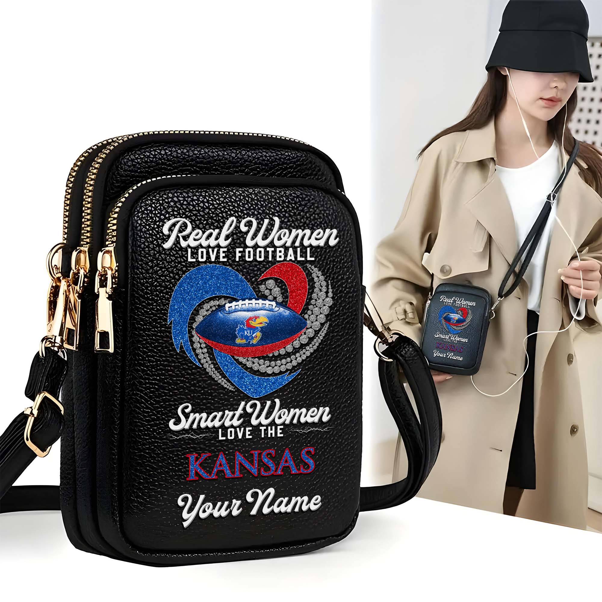 Kansas Jayhawks Customized Womens Mobile Phone Bag With Your Name, Leather Crossbody Bag, Fan Gifts