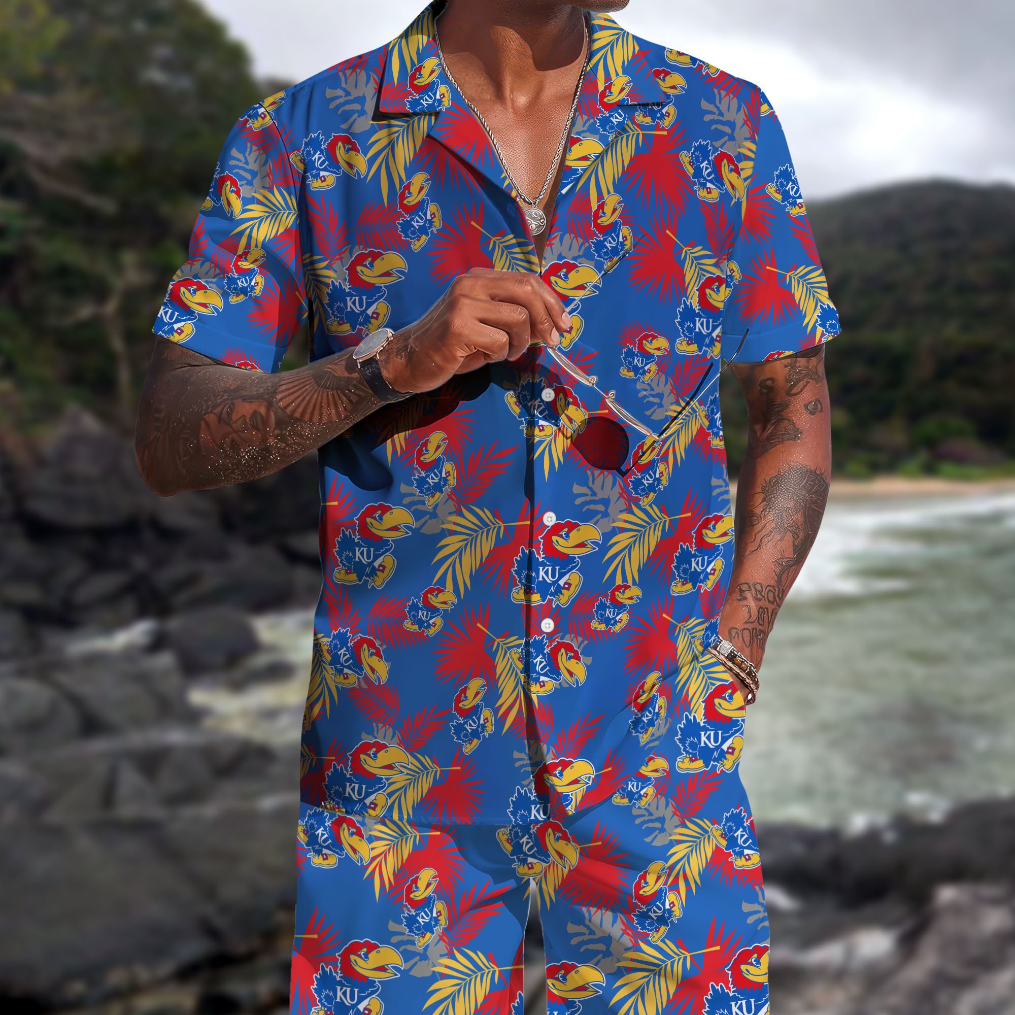 Kansas Jayhawks Hawaiian Shorts Set 2025 Version, Hawaiian Shirts, Sports Shorts, Gifts For Fan