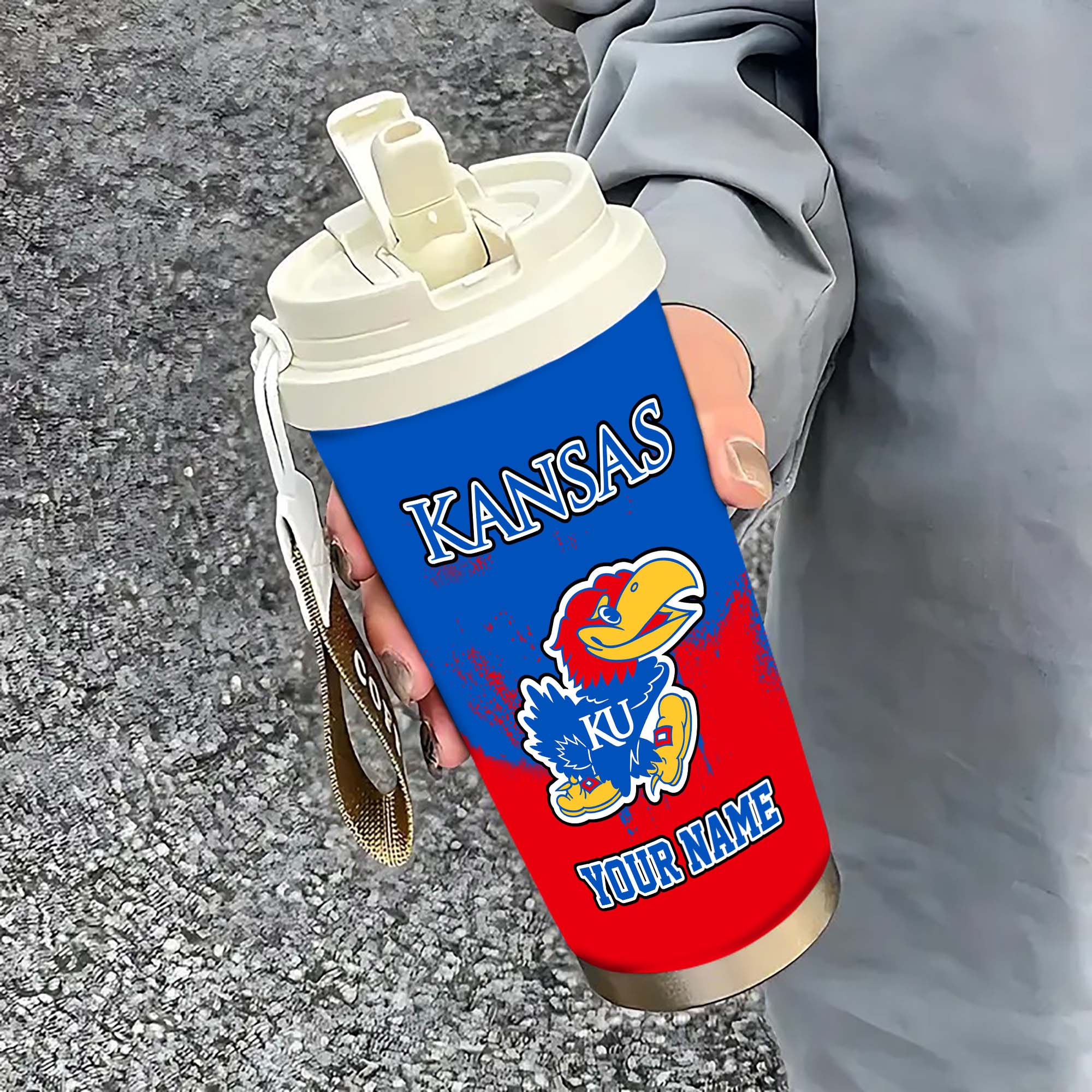 Kansas Jayhawks Insulated Coffee Mug With Straw And Lid, Portable Coffee Travel Mug For Car, Fan Gifts