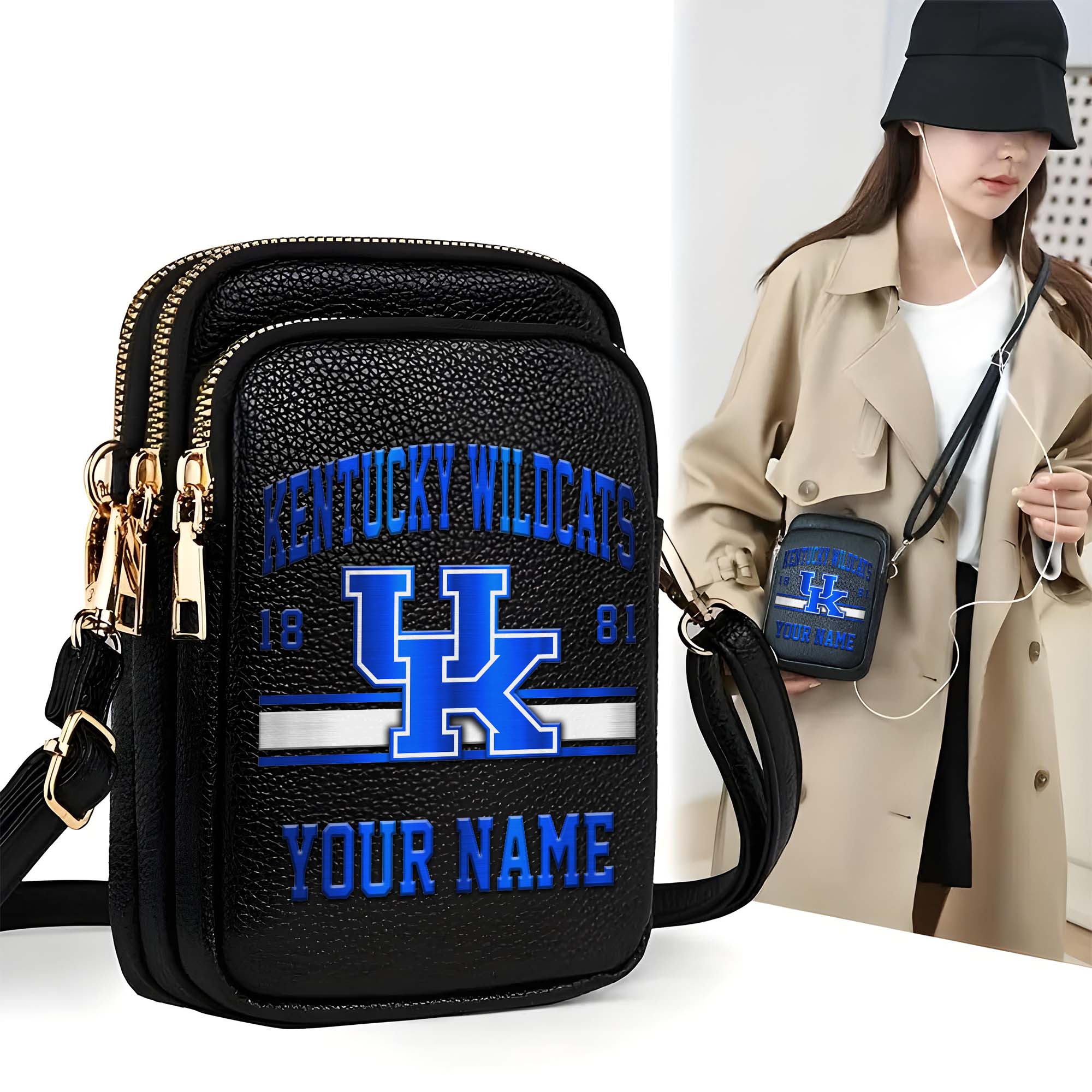 Kentucky Wildcats Customized Womens Mobile Phone Bag With Your Name, Leather Crossbody Bag, Fan Gifts