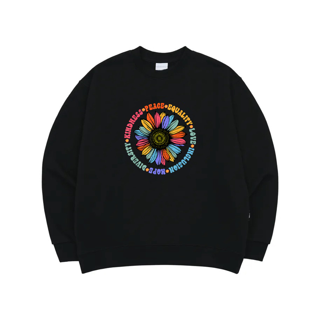 Kindness Peace Equality Love Hope Diversity Human Rights Black Floral Sunflower Pattern Sweatshirt
