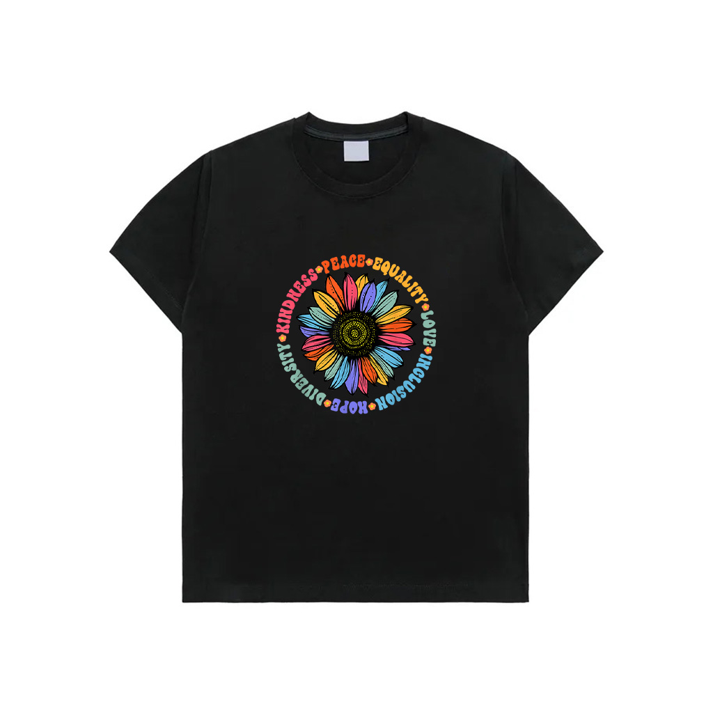 Kindness Peace Equality Love Hope Diversity Human Rights Black Floral Sunflower Pattern T-Shirt