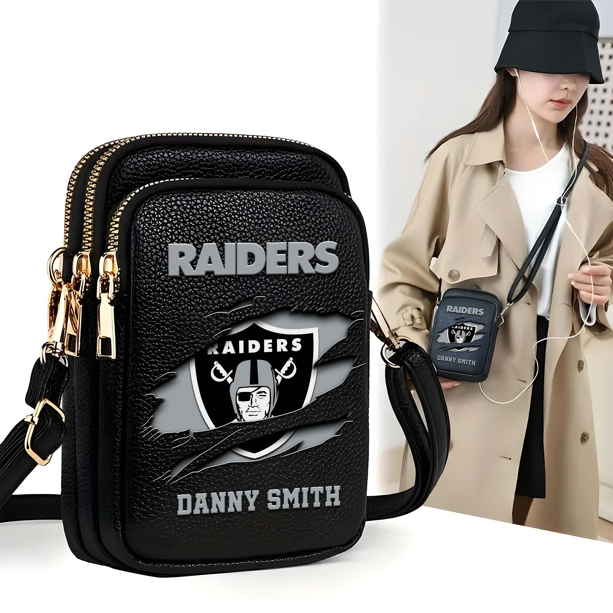 Las Vegas Raiders Customized Womens Mobile Phone Bag With Your Name, Leather Crossbody Bag, Fan Gifts
