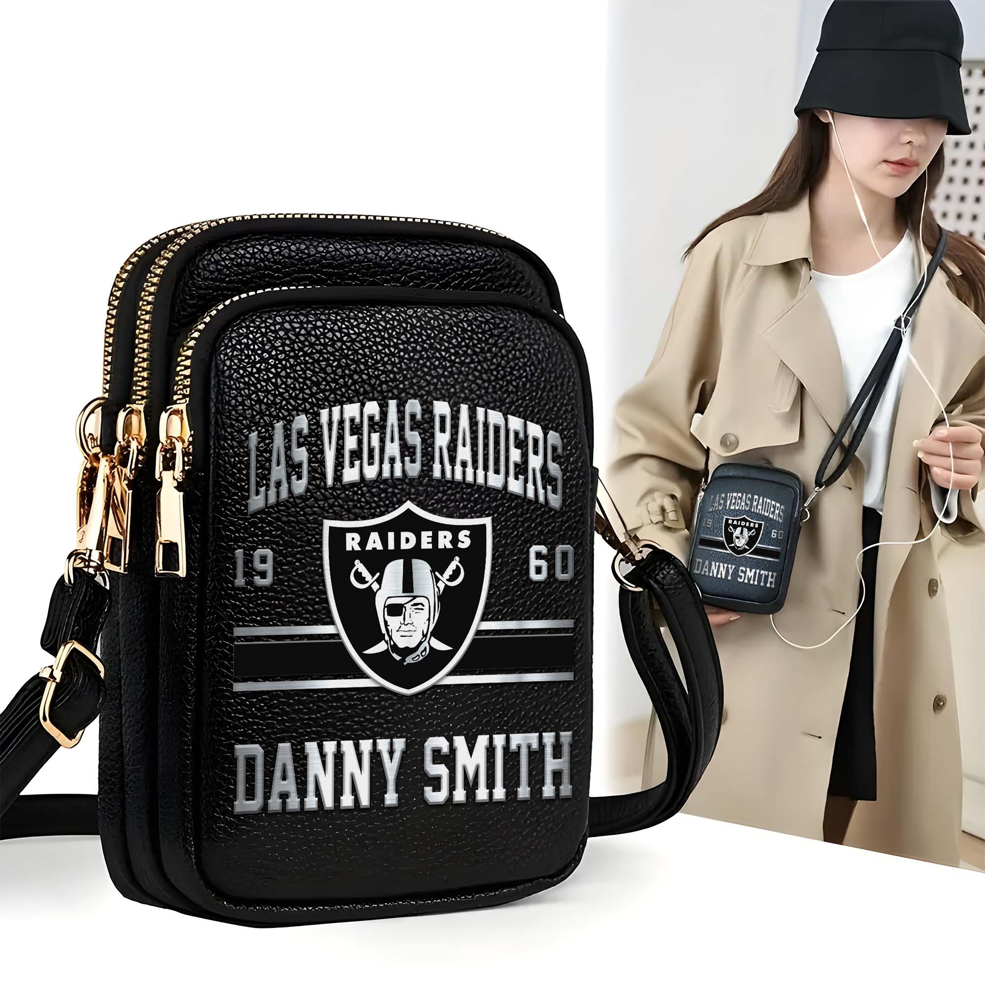 Las Vegas Raiders Customized Womens Mobile Phone Bag With Your Name, Leather Crossbody Bag, Fan Gifts
