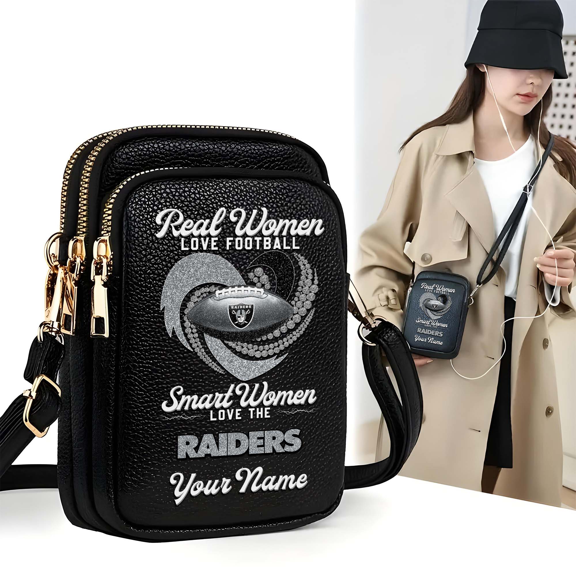Las Vegas Raiders Customized Womens Mobile Phone Bag With Your Name, Leather Crossbody Bag, Fan Gifts