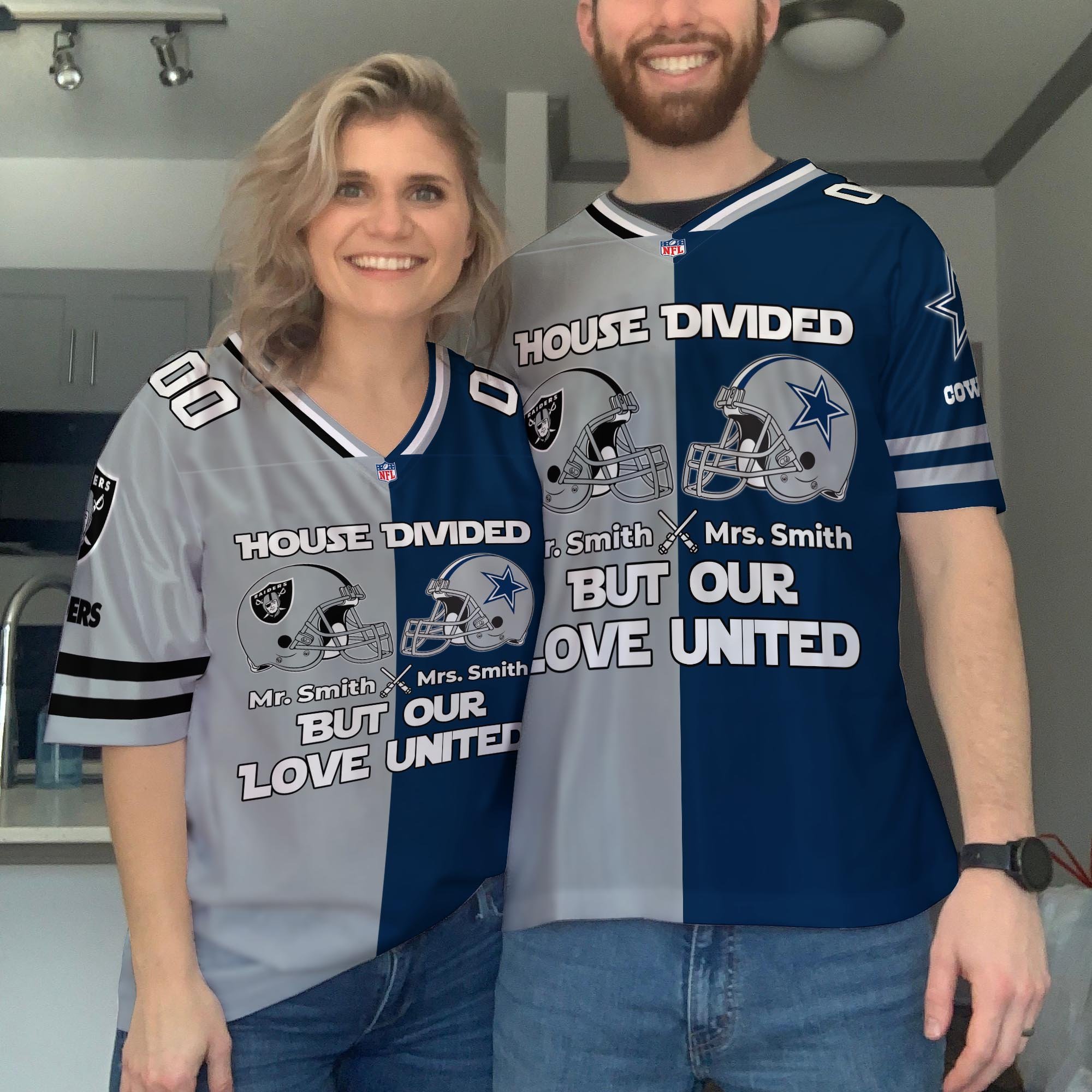 Las Vegas Raiders Football Jersey Custom Husband, Wife Name And Number, House Divided Jersey For Fan