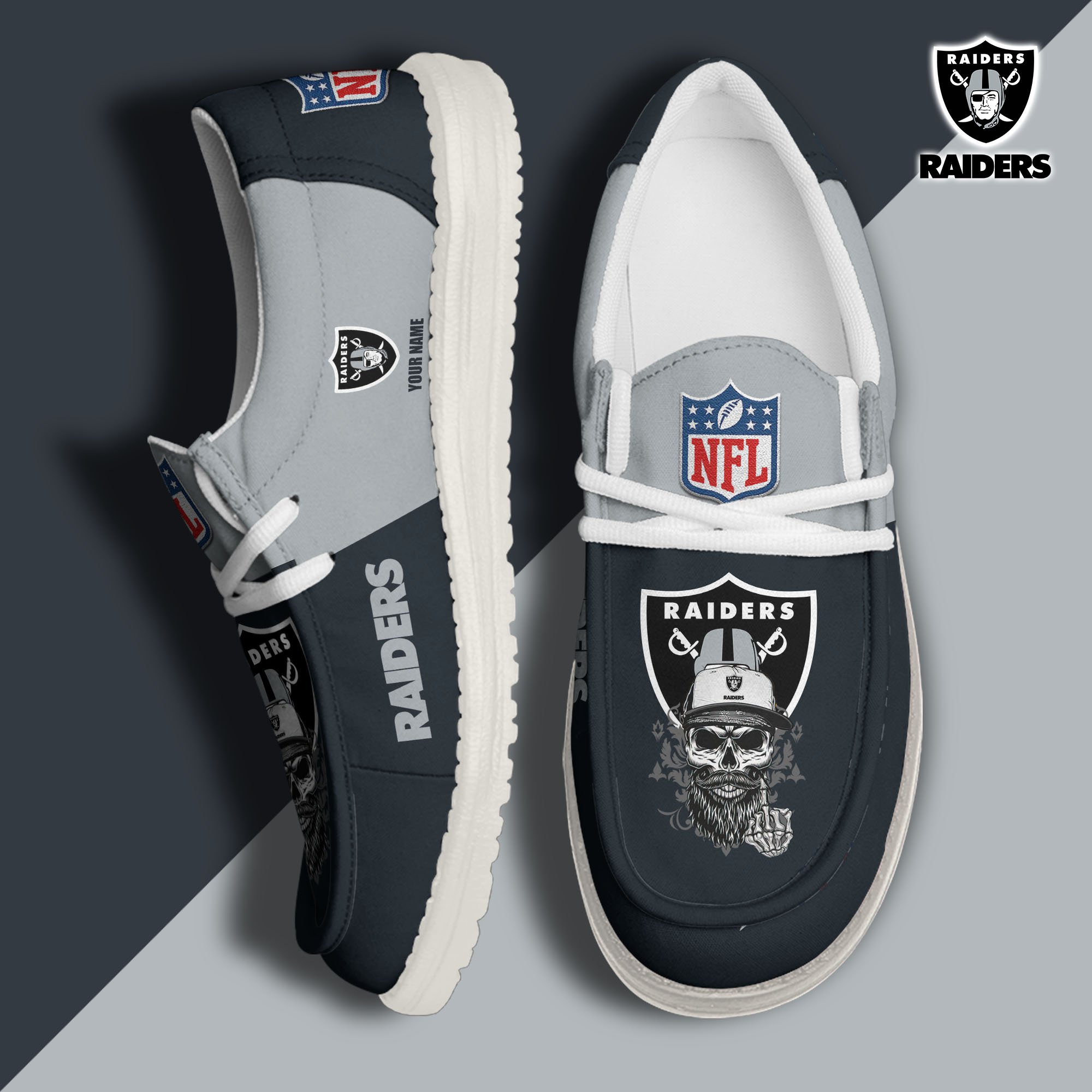Las Vegas Raiders H D White Canvas Loafer Shoes Custom Your Name, Sport Canvas Loafer Shoes