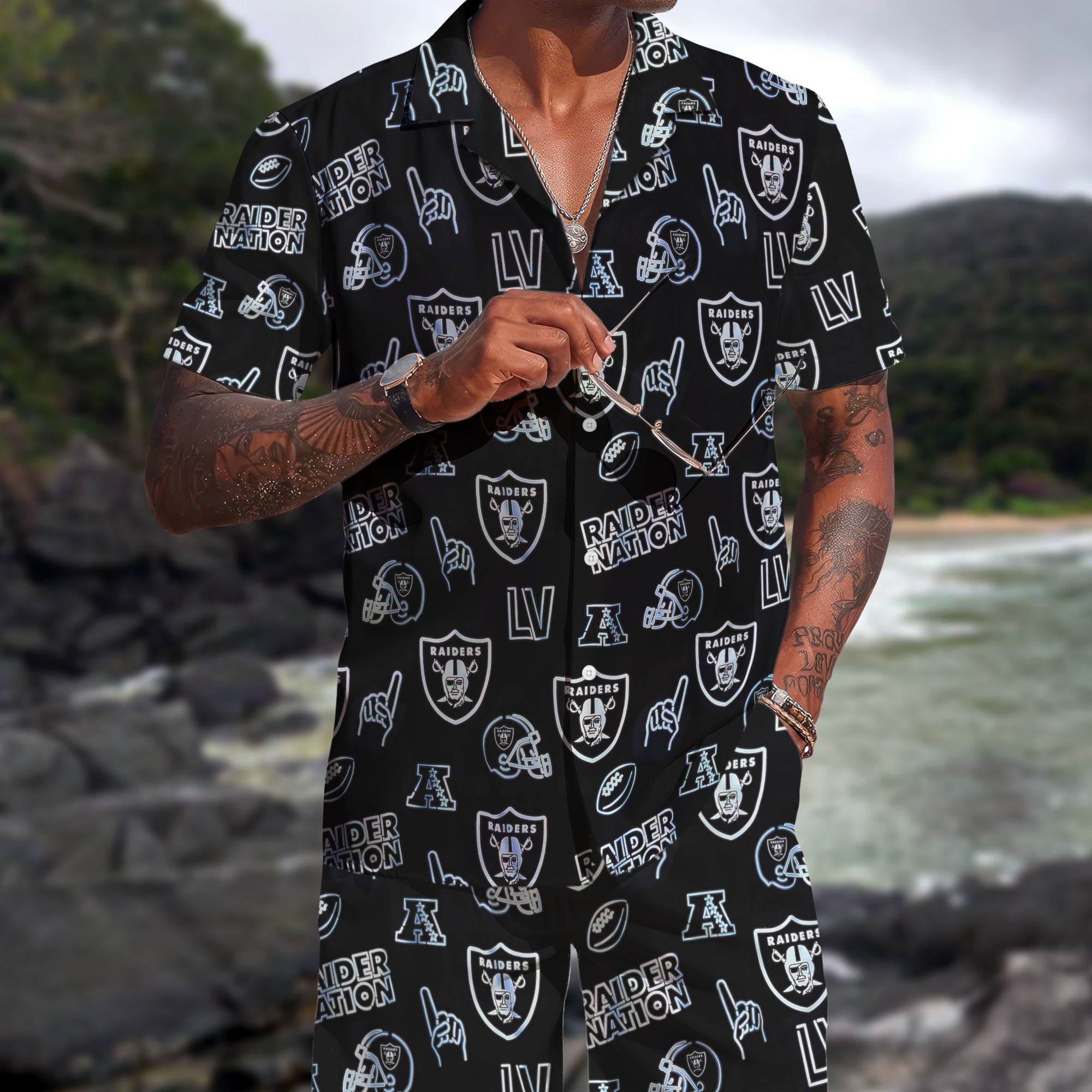 Las Vegas Raiders Hawaiian Shorts Set 2025 Version, Hawaiian Shirts, Sports Shorts, Gifts For Fan