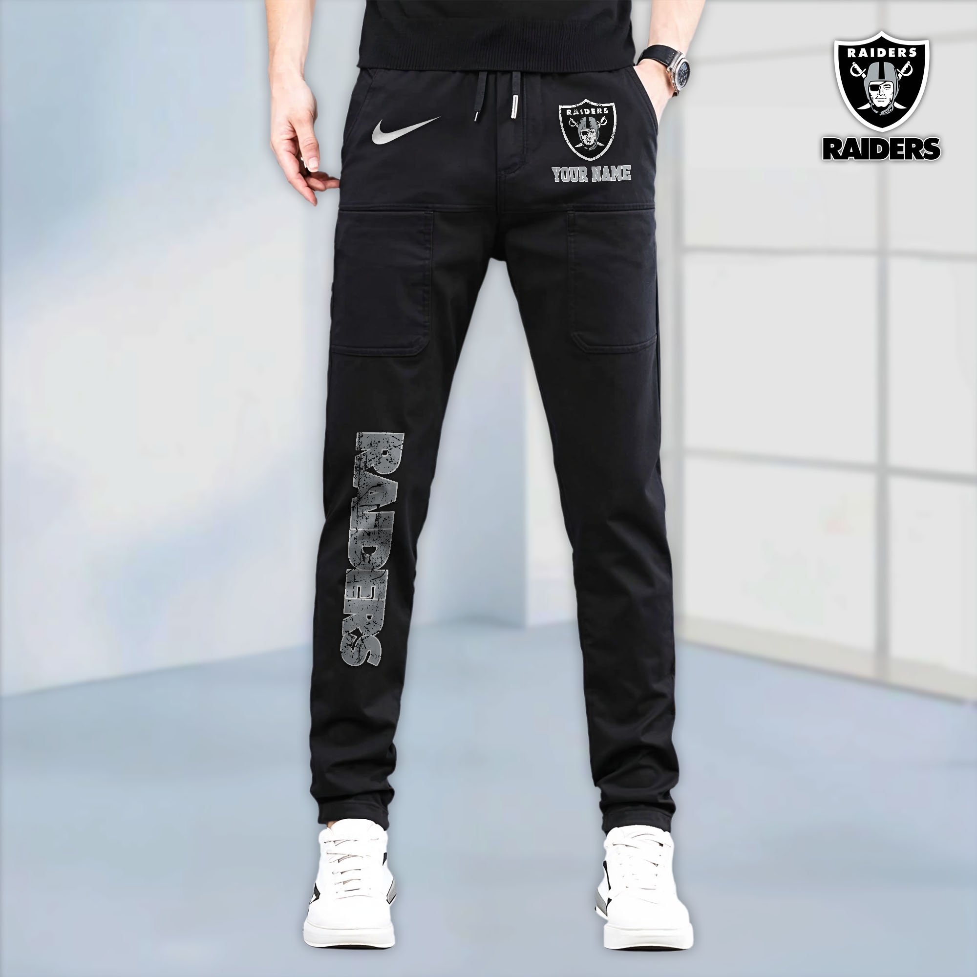 Las Vegas Raiders High Stretch Multi Pocket Durable Cargo Pants - Long Custom Name 