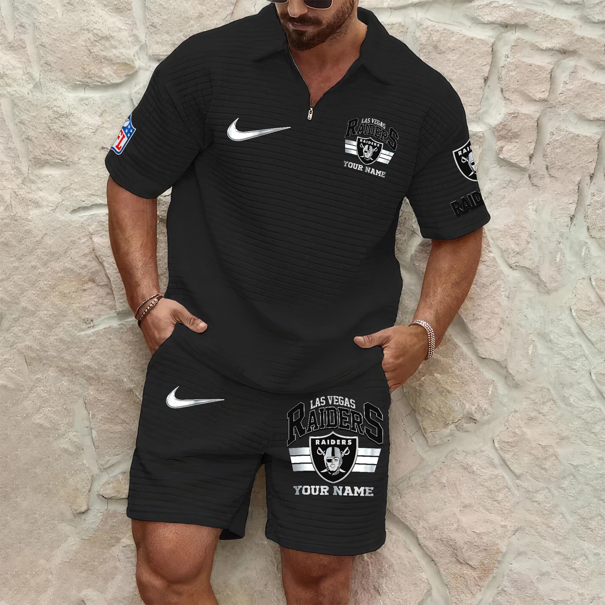 Las Vegas Raiders Mens Waffle Pattern Half Zipper Shirt And Short Custom Your Name, Gifts For Football Lovers