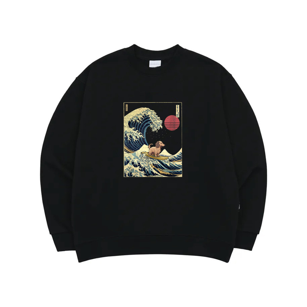 Long Haired Dachshund Japanese Kanagawa Wave Funny Surf Dog Sweatshirt