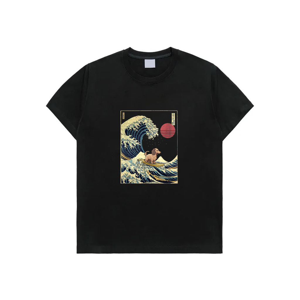 Long Haired Dachshund Japanese Kanagawa Wave Funny Surf Dog T-Shirt