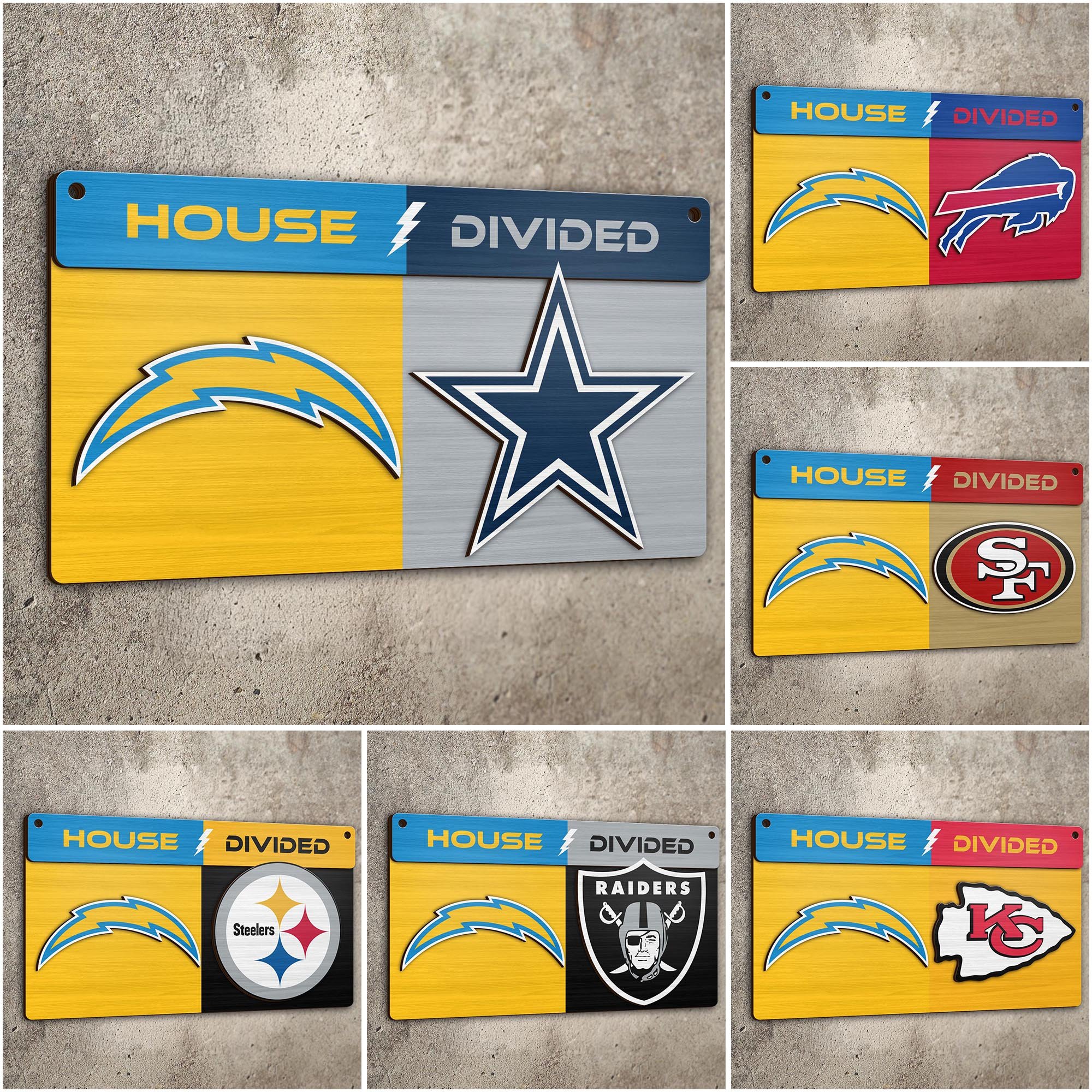 Los Angeles Chargers 2 Layers Woodsign Choose Any Team, House Divided Sign, Wall Hangings