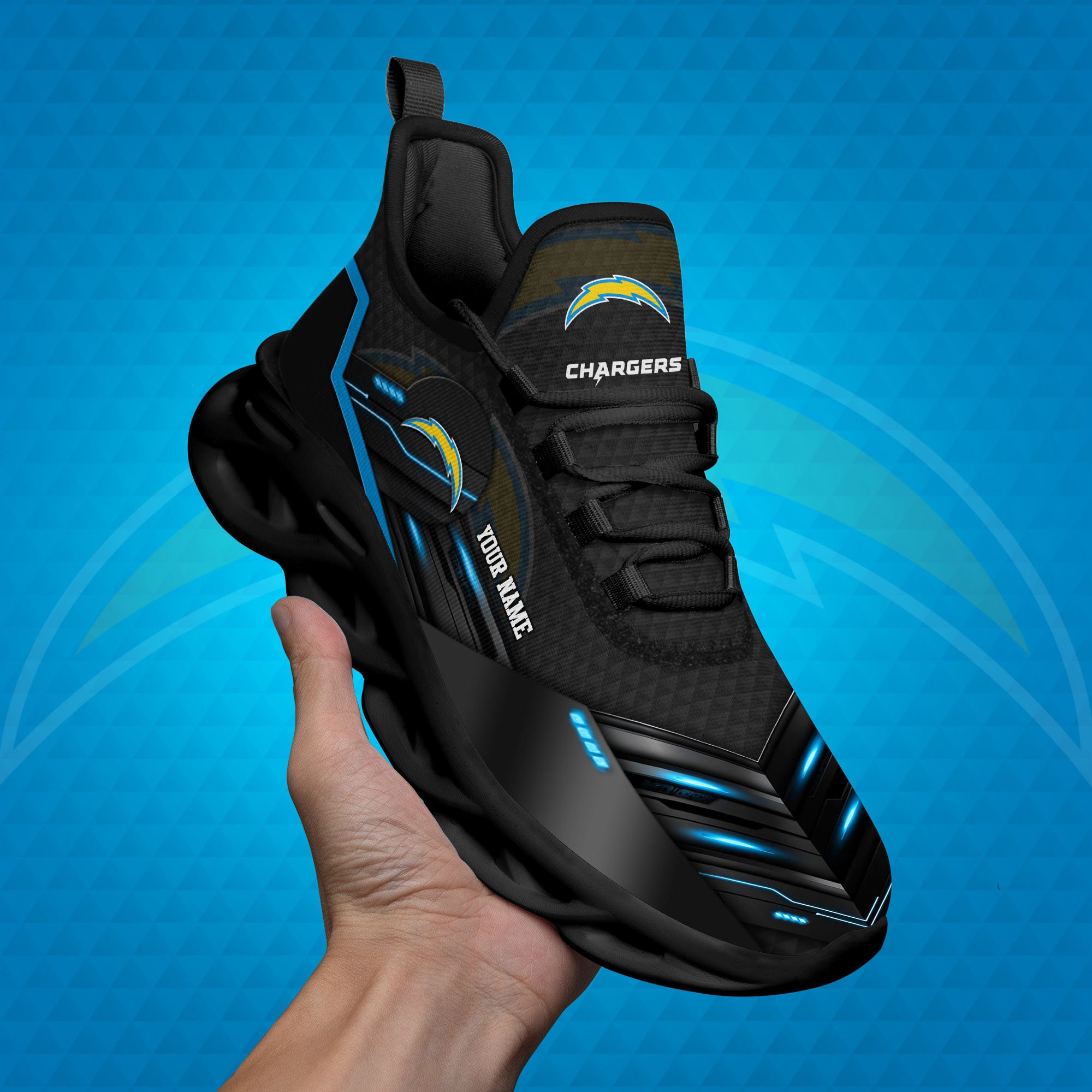 Los Angeles Chargers Black Clunky Sneaker Custom Name, Max Soul Shoes, Sport Gifts For Fan
