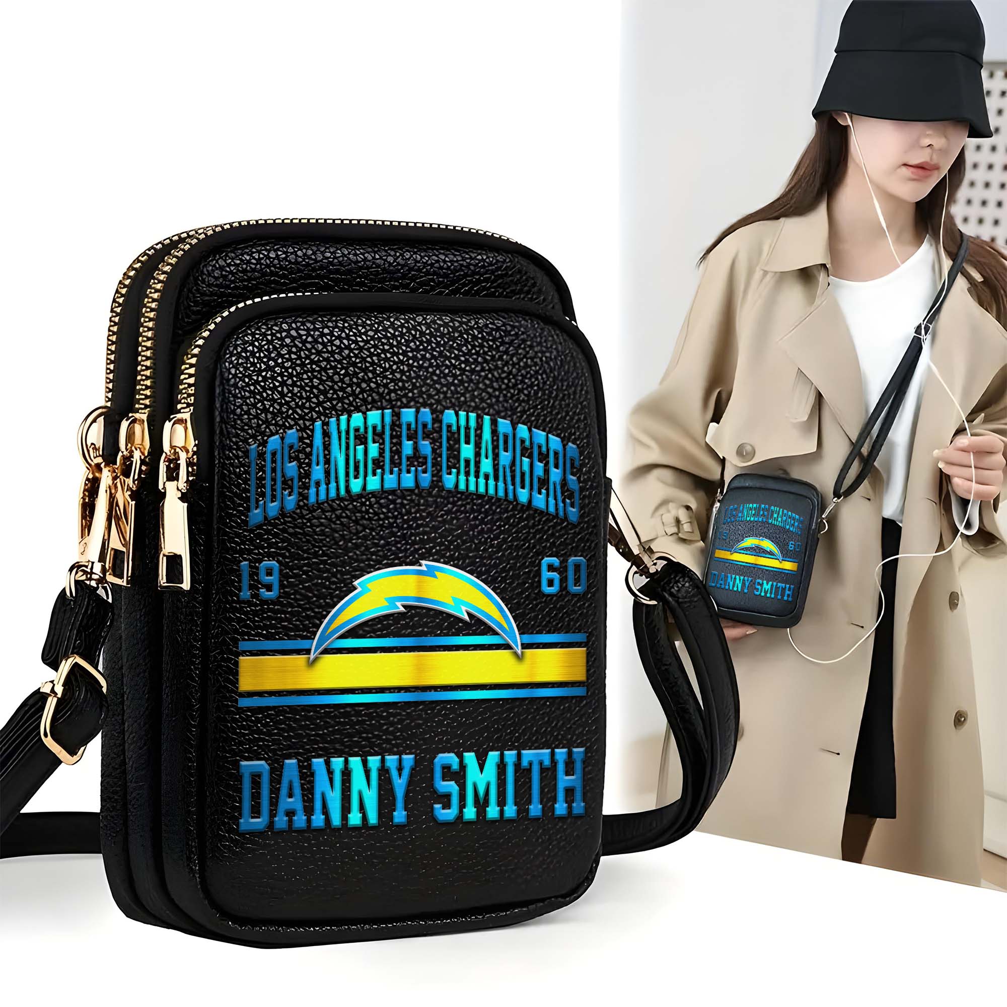 Los Angeles Chargers Customized Womens Mobile Phone Bag With Your Name, Leather Crossbody Bag, Fan Gifts