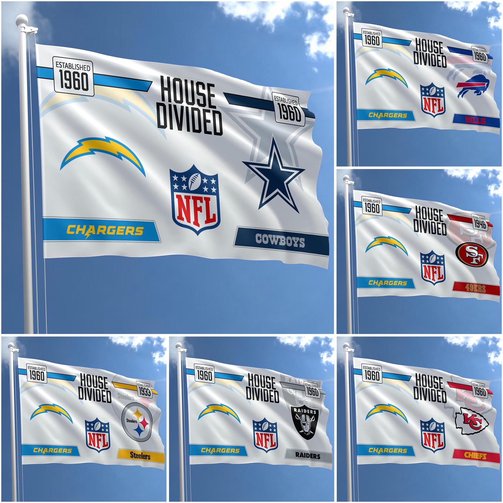 Los Angeles Chargers Flag 3X5ft Choose Any Team, House Divided Flag, Home Decors