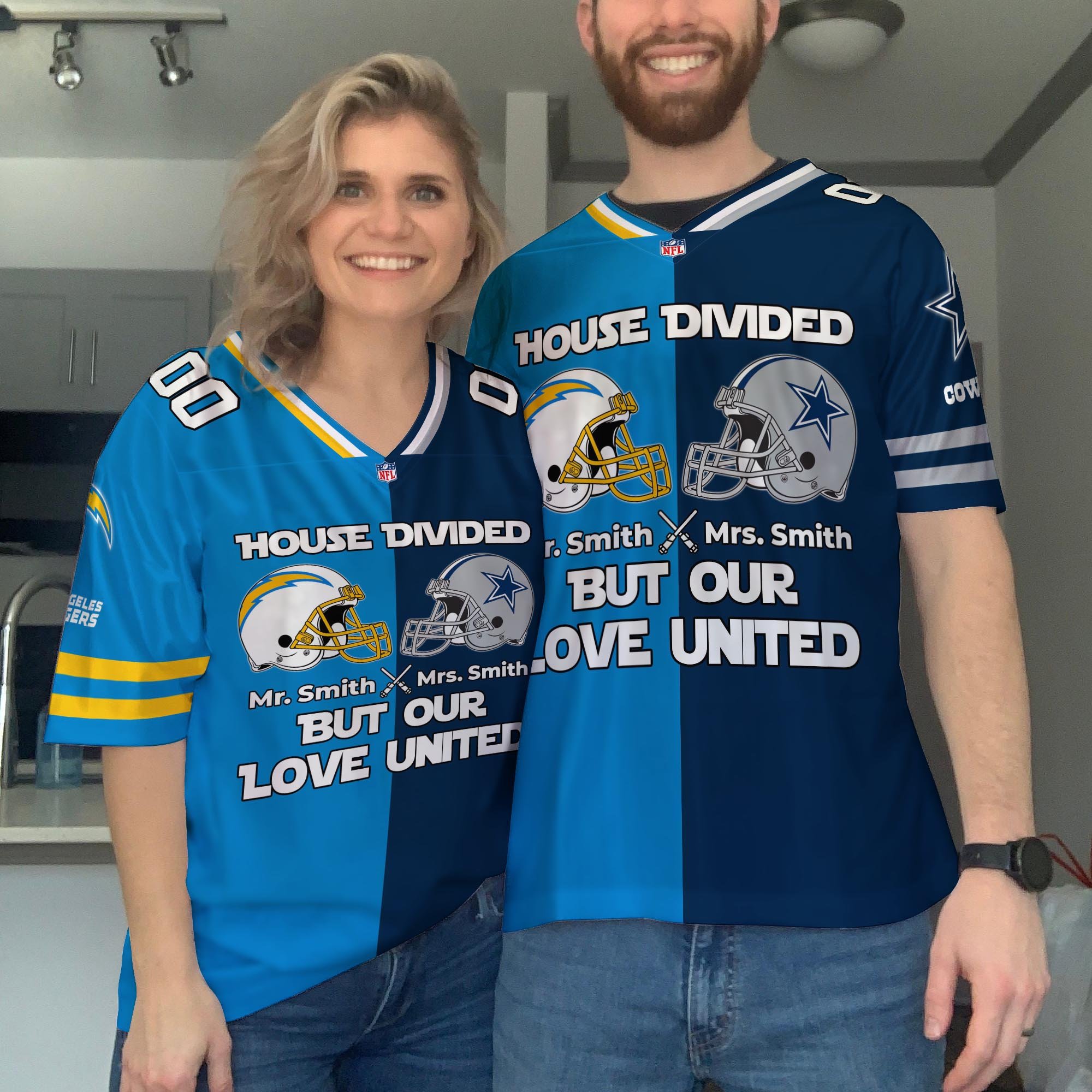 Los Angeles Chargers Football Jersey Custom Husband, Wife Name And Number, House Divided Jersey For Fan