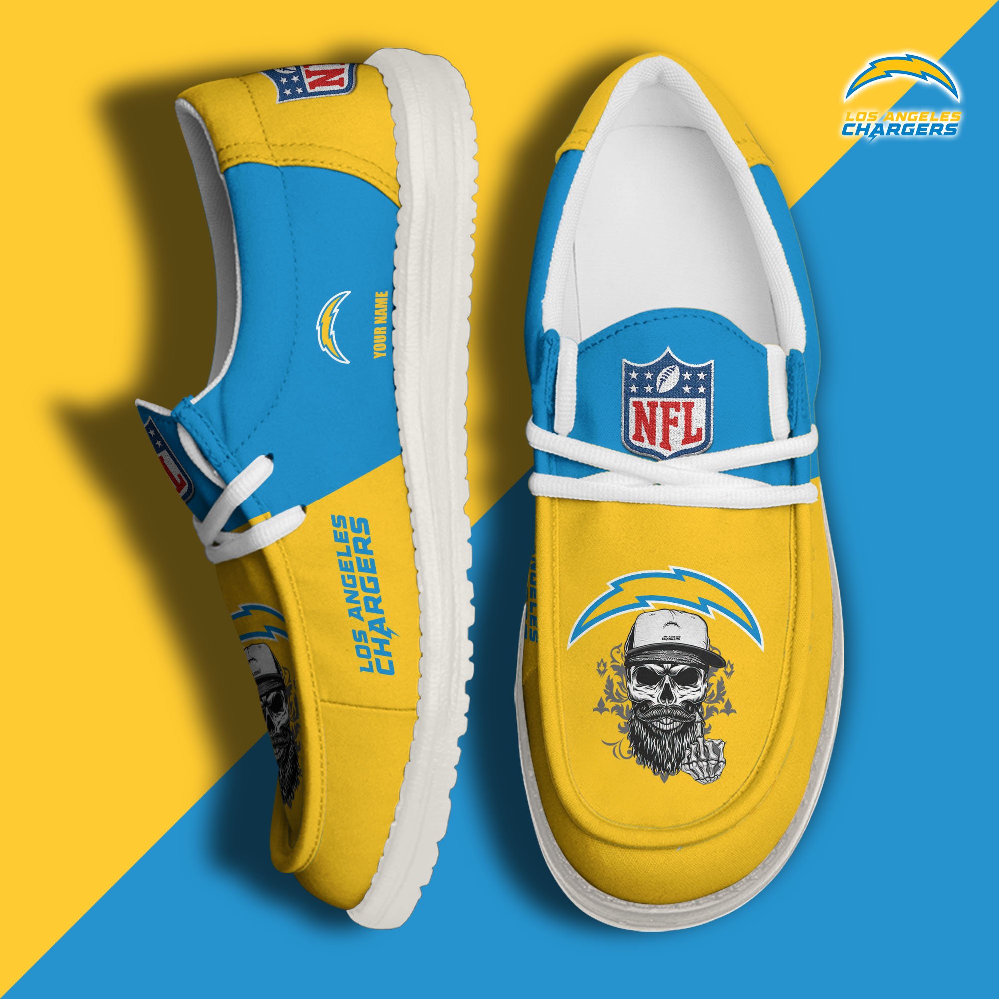 Los Angeles Chargers H D White Canvas Loafer Shoes Custom Your Name, Sport Canvas Loafer Shoes