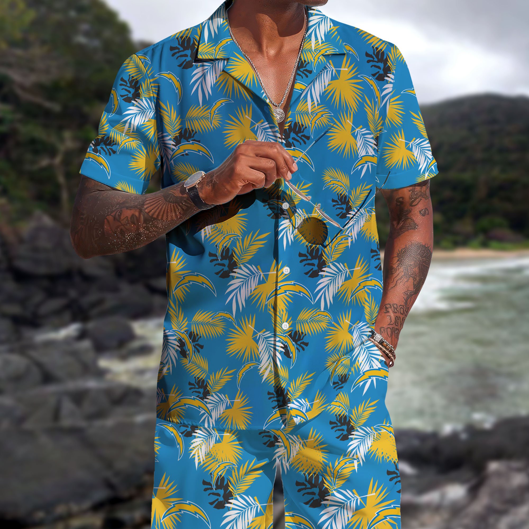 Los Angeles Chargers Hawaiian Shorts Set 2025 Version, Hawaiian Shirts, Sports Shorts, Gifts For Fan