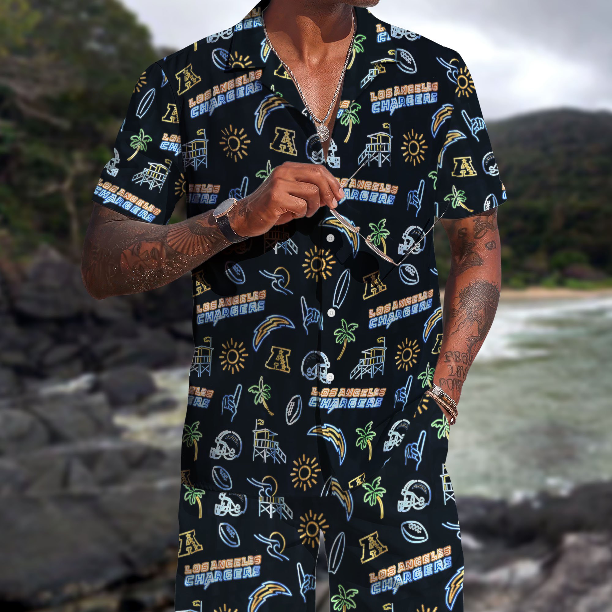Los Angeles Chargers Hawaiian Shorts Set 2025 Version, Hawaiian Shirts, Sports Shorts, Gifts For Fan