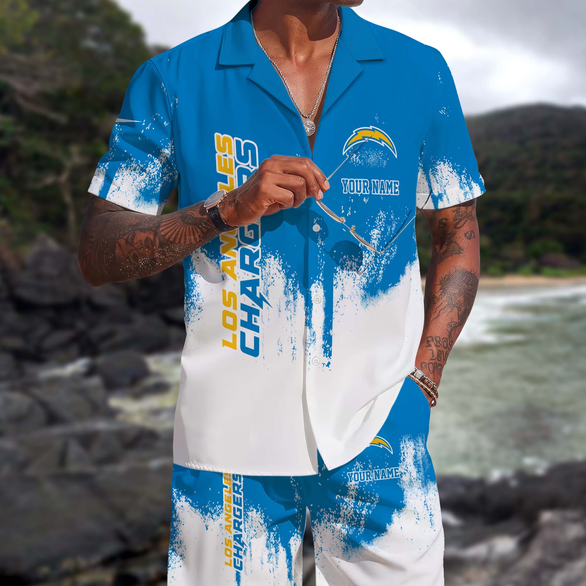 Los Angeles Chargers Hawaiian Shorts Set Custom You Name, Sport Shorts, Gifts For Fan