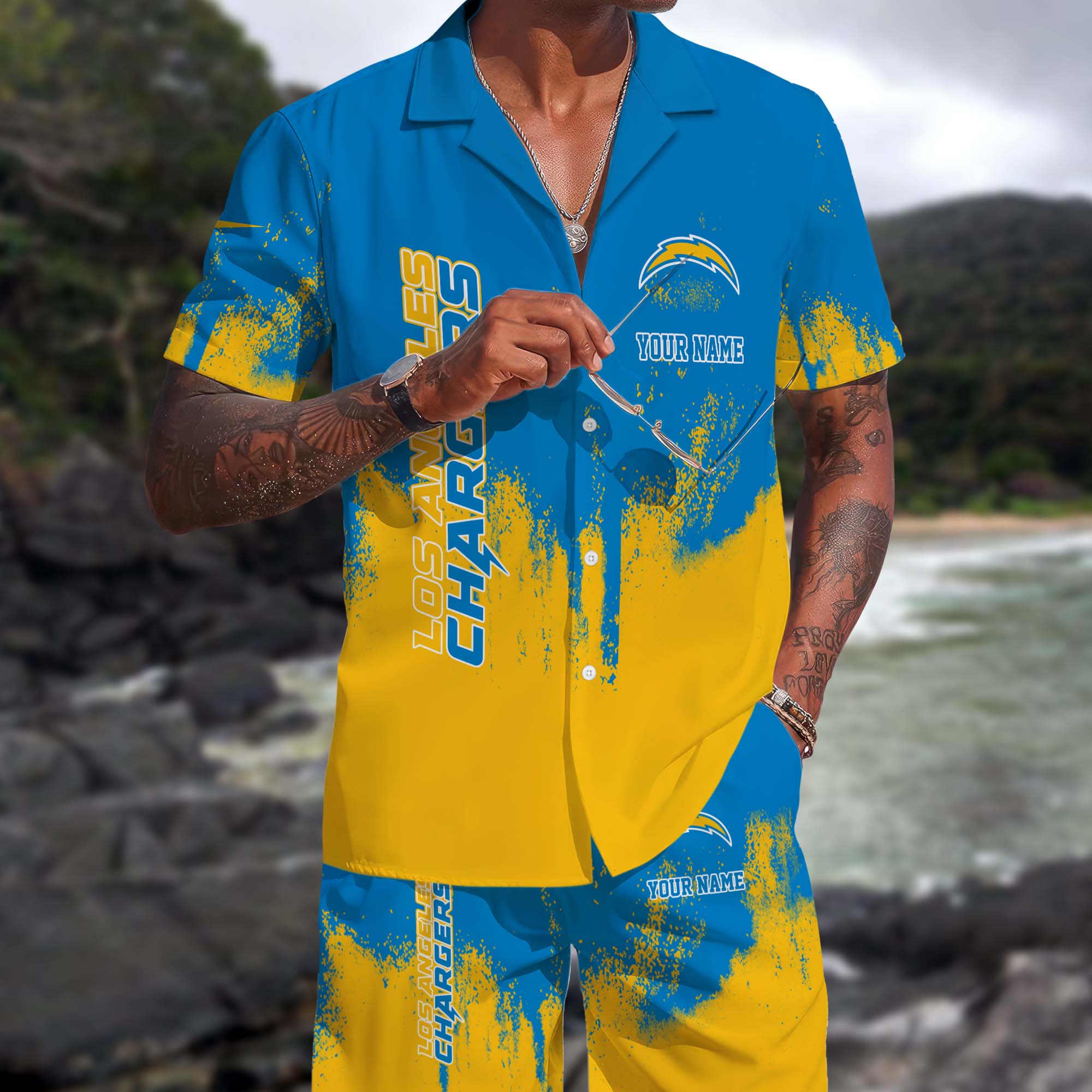 Los Angeles Chargers Hawaiian Shorts Set Custom You Name, Sport Shorts, Gifts For Fan