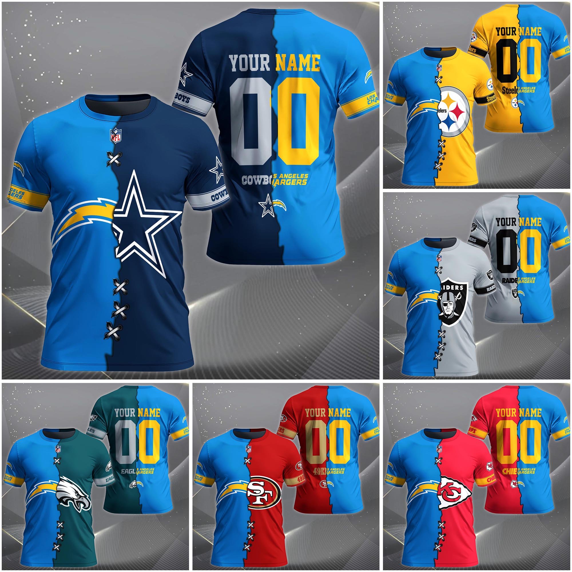 Los Angeles Chargers House Divided T-Shirt Custom Name 2025 Version, Number And Team, Sport Shirts For Fan