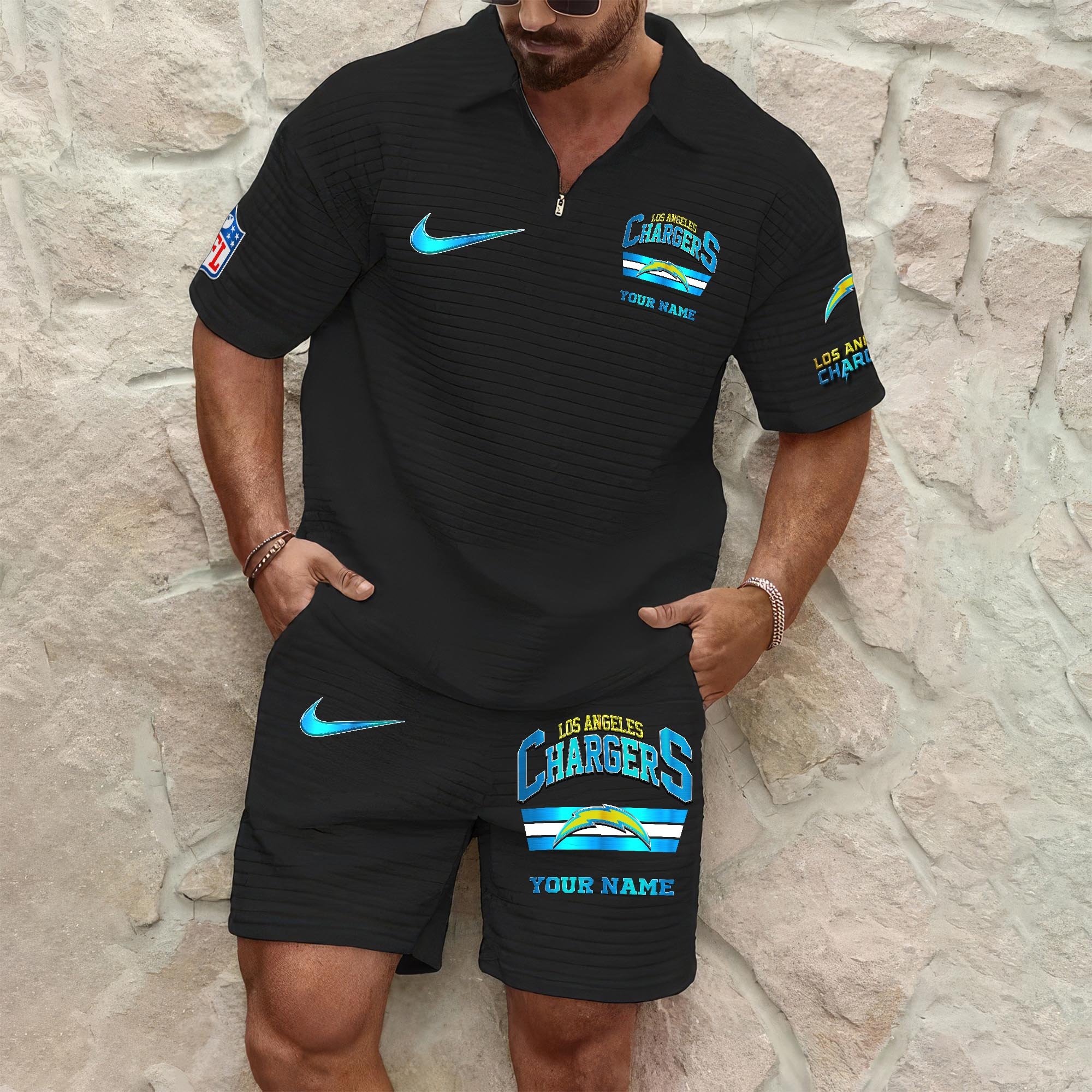 Los Angeles Chargers Mens Waffle Pattern Half Zipper Shirt And Short Custom Your Name, Gifts For Football Lovers