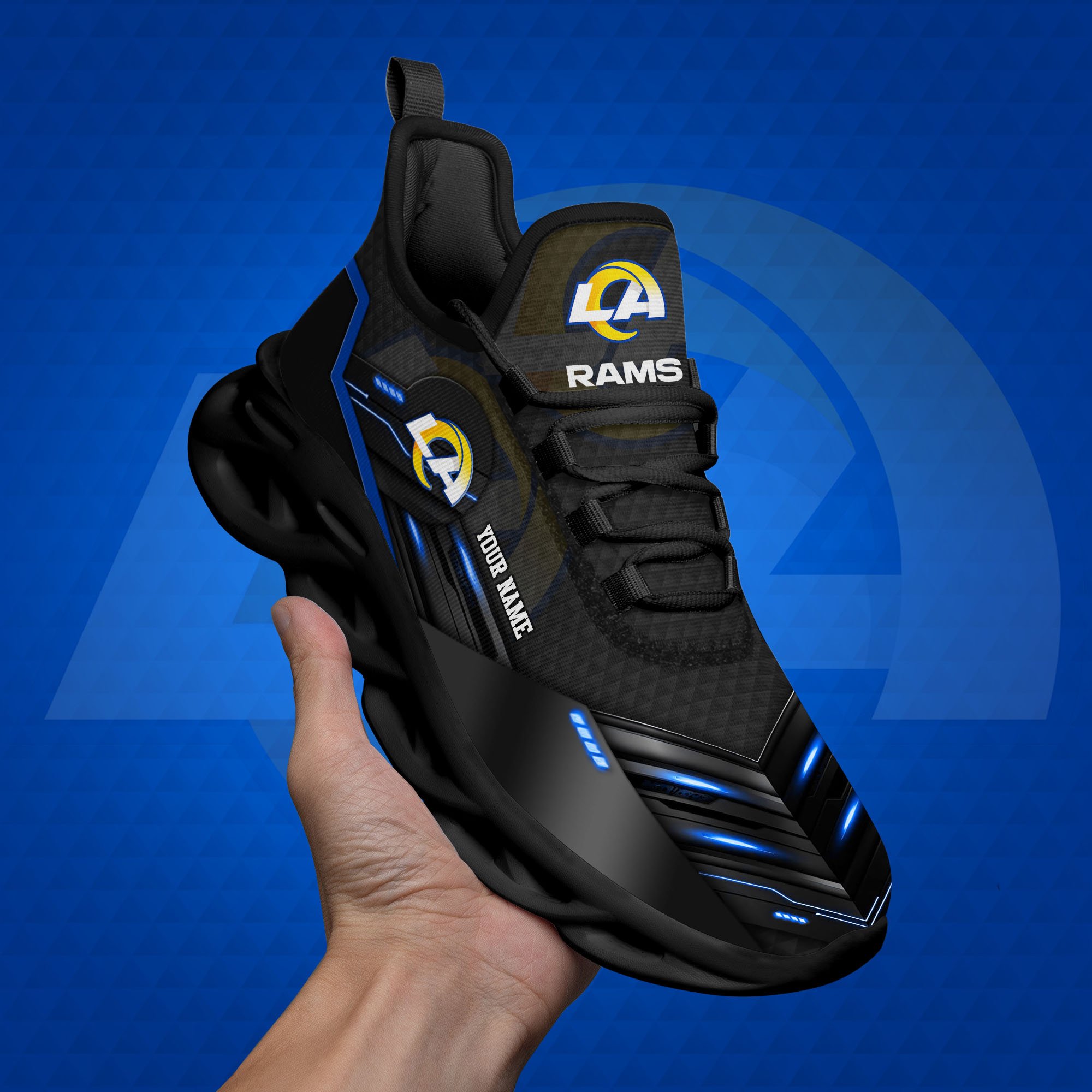 Los Angeles Rams Black Clunky Sneaker Custom Name, Max Soul Shoes, Sport Gifts For Fan