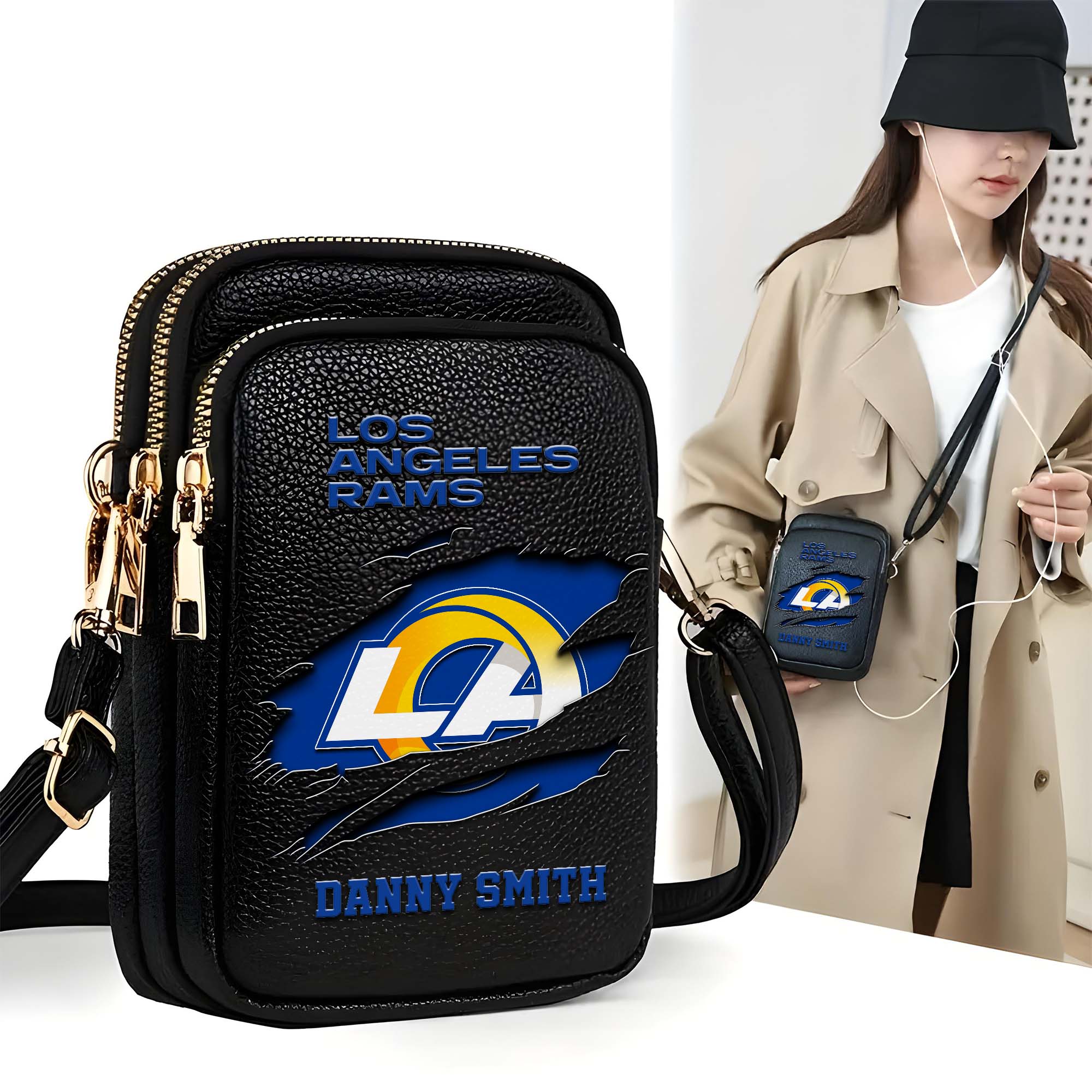 Los Angeles Rams Customized Womens Mobile Phone Bag With Your Name, Leather Crossbody Bag, Fan Gifts