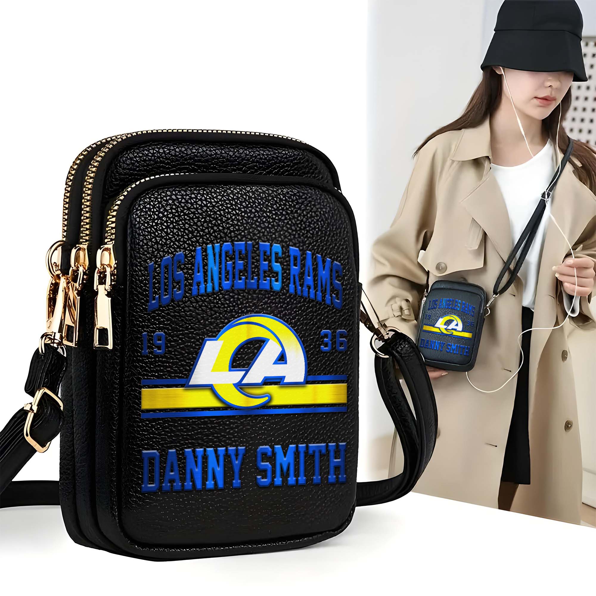 Los Angeles Rams Customized Womens Mobile Phone Bag With Your Name, Leather Crossbody Bag, Fan Gifts