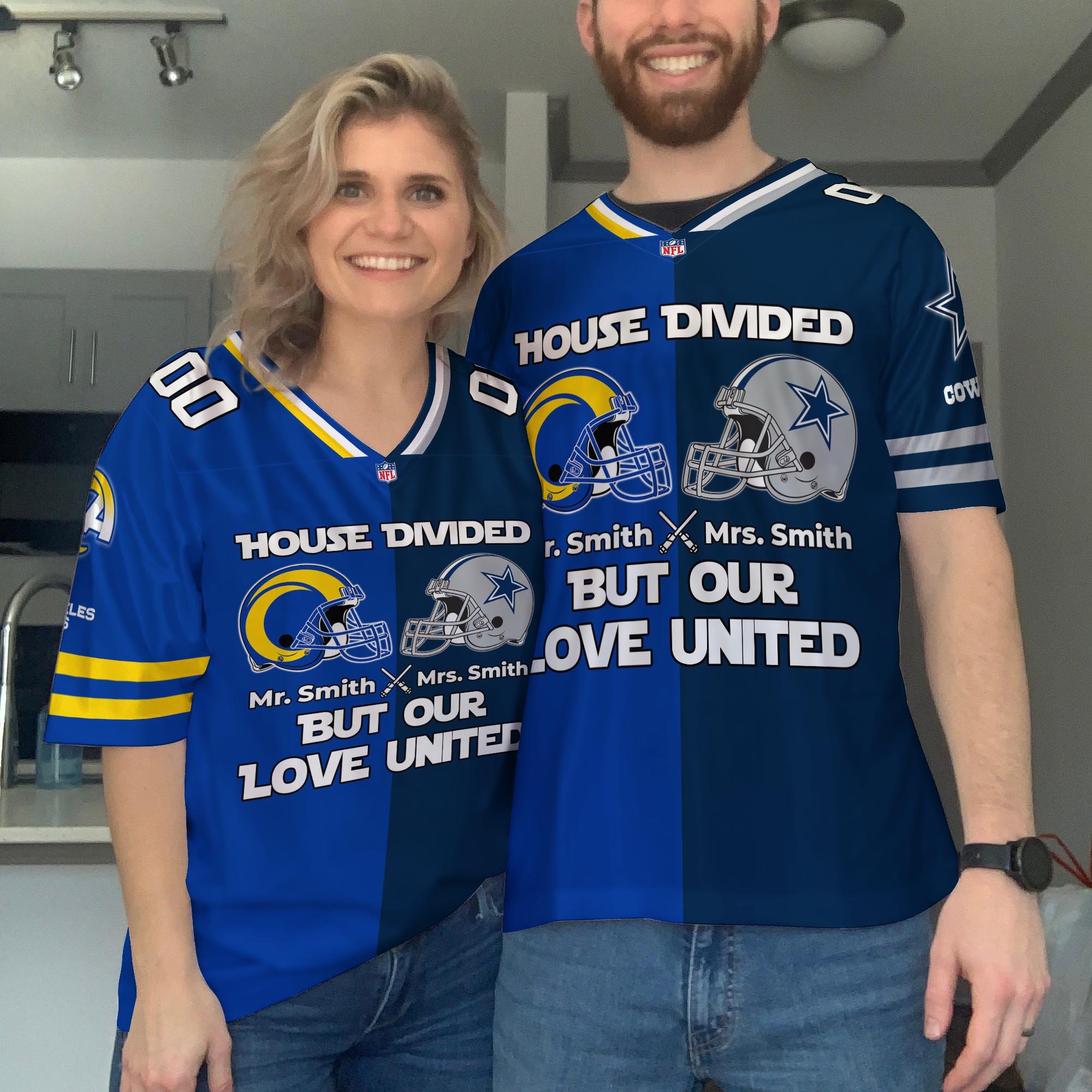 Los Angeles Rams Football Jersey Custom Husband, Wife Name And Number, House Divided Jersey For Fan