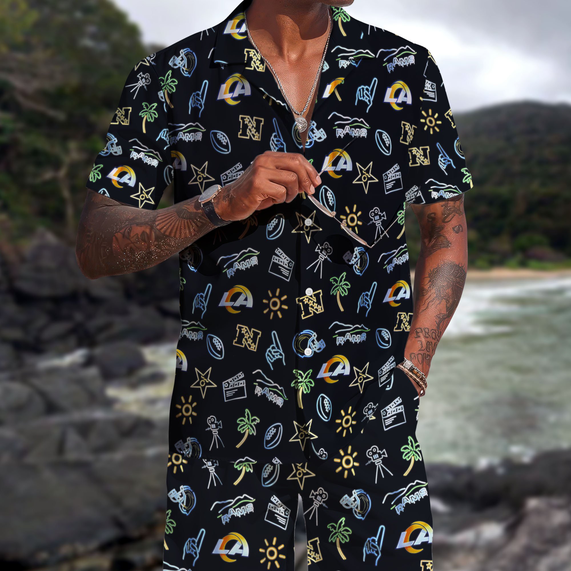 Los Angeles Rams Hawaiian Shorts Set 2025 Version, Hawaiian Shirts, Sports Shorts, Gifts For Fan