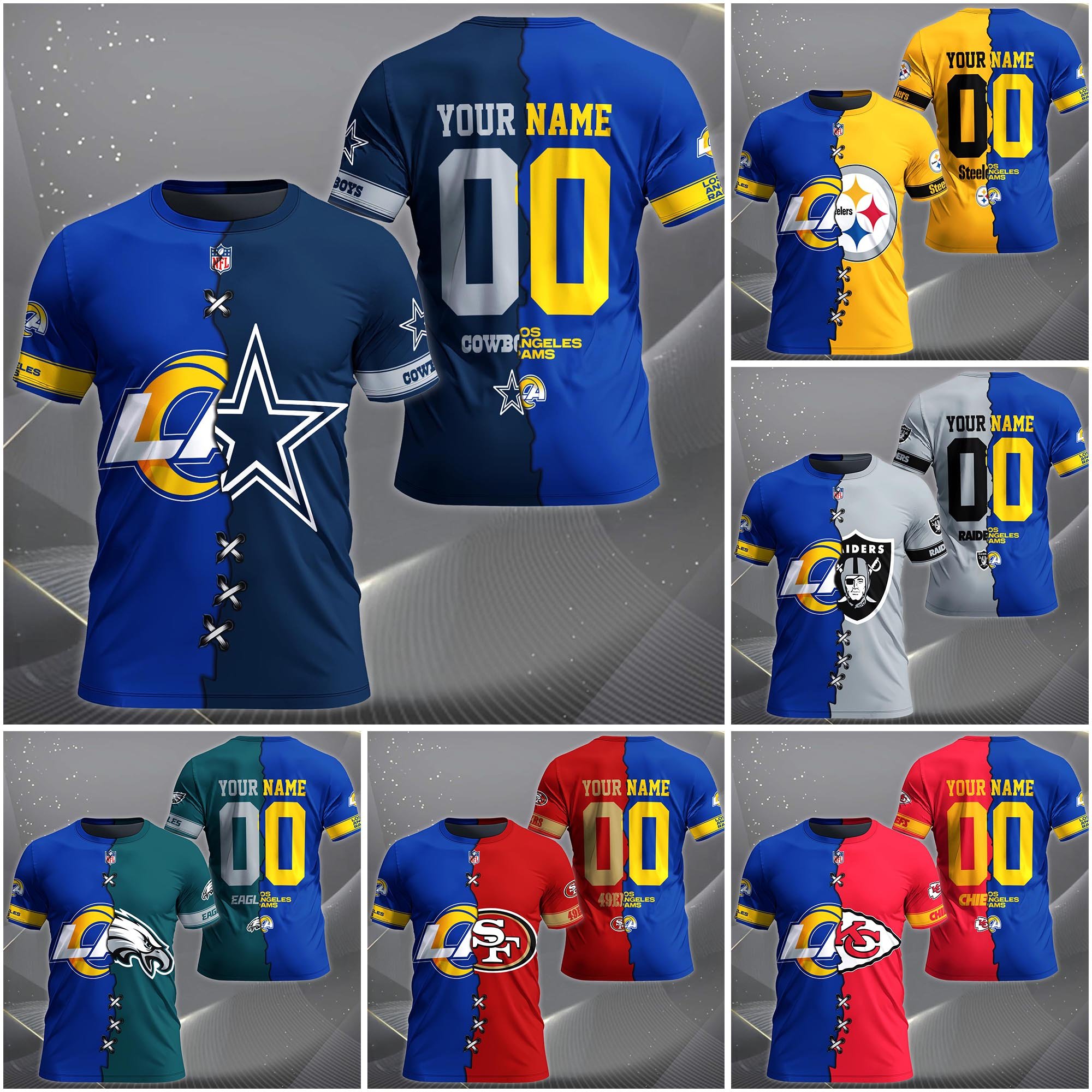 Los Angeles Rams House Divided T-Shirt Custom Name 2025 Version, Number And Team, Sport Shirts For Fan