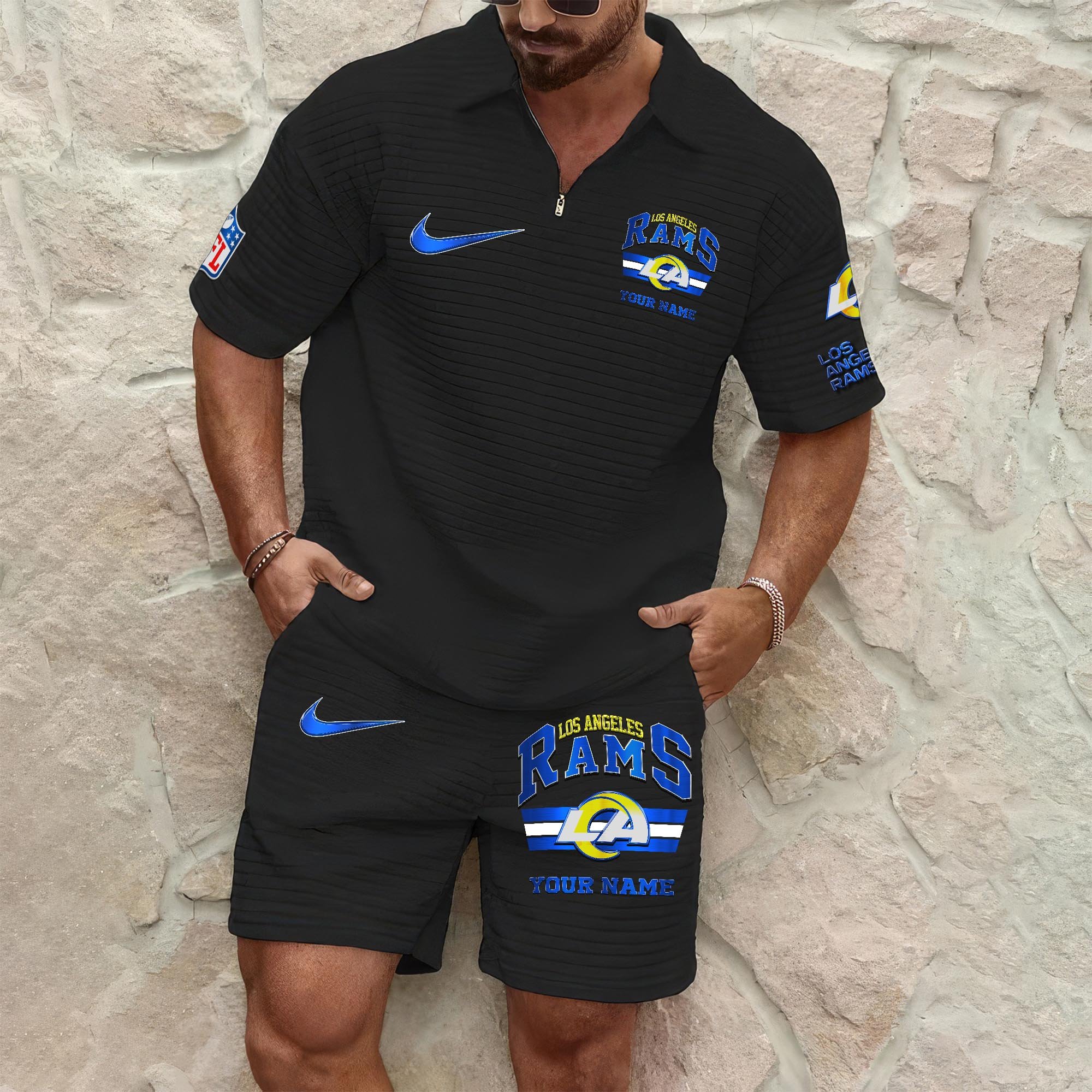 Los Angeles Rams Mens Waffle Pattern Half Zipper Shirt And Short Custom Your Name, Gifts For Football Lovers