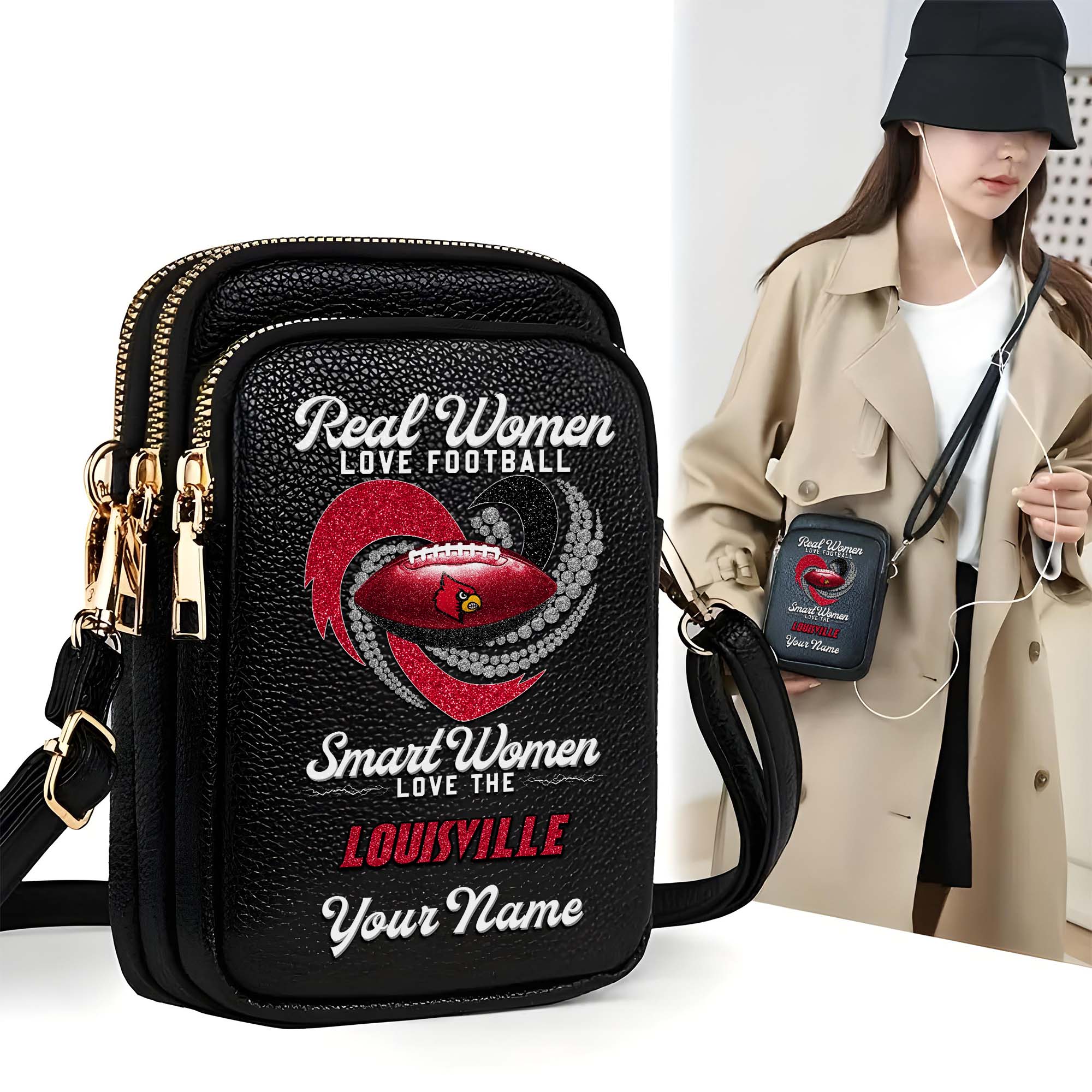 Louisville Cardinals Customized Womens Mobile Phone Bag With Your Name, Leather Crossbody Bag, Fan Gifts