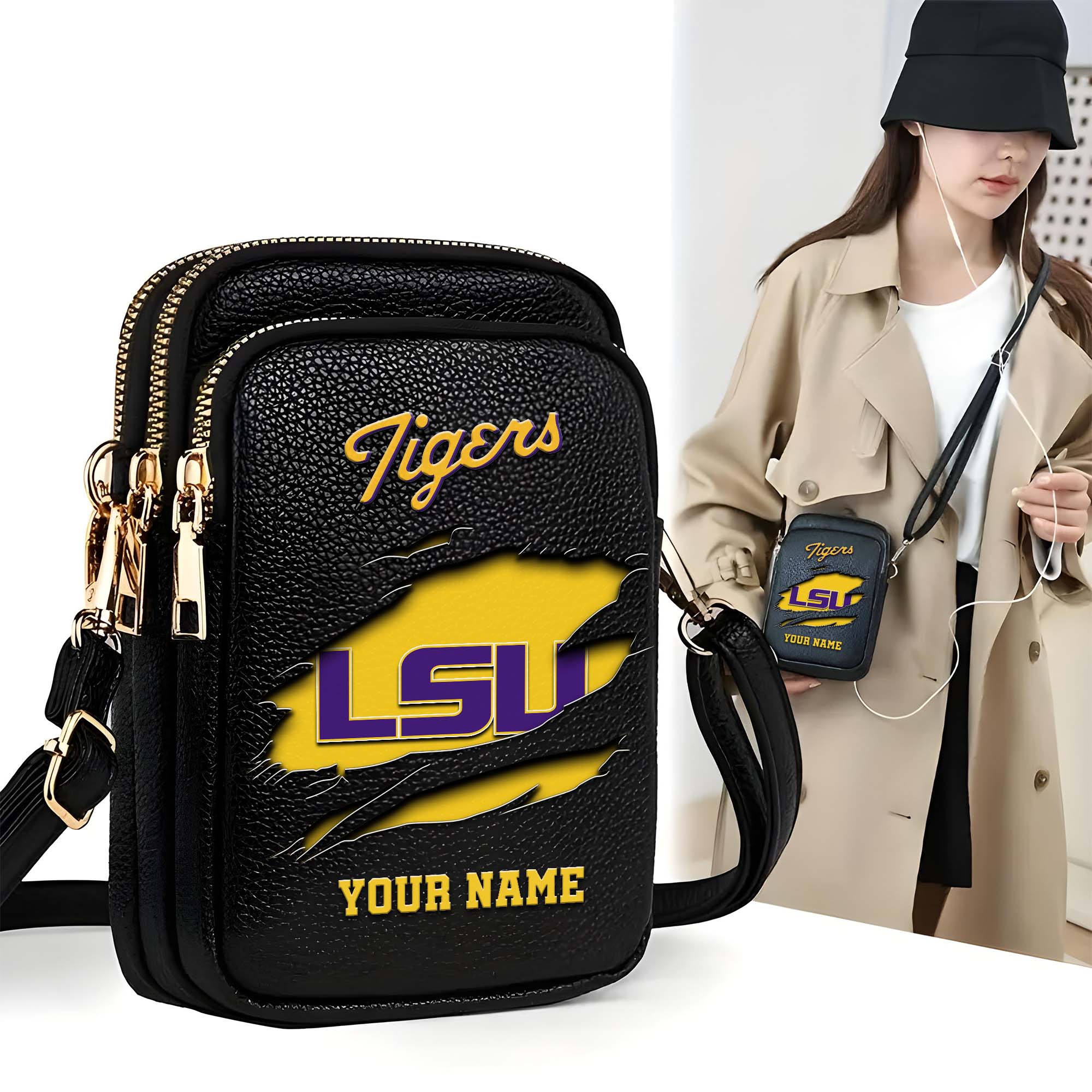 LSU TIGERS Customized Womens Mobile Phone Bag With Your Name, Leather Crossbody Bag, Fan Gifts