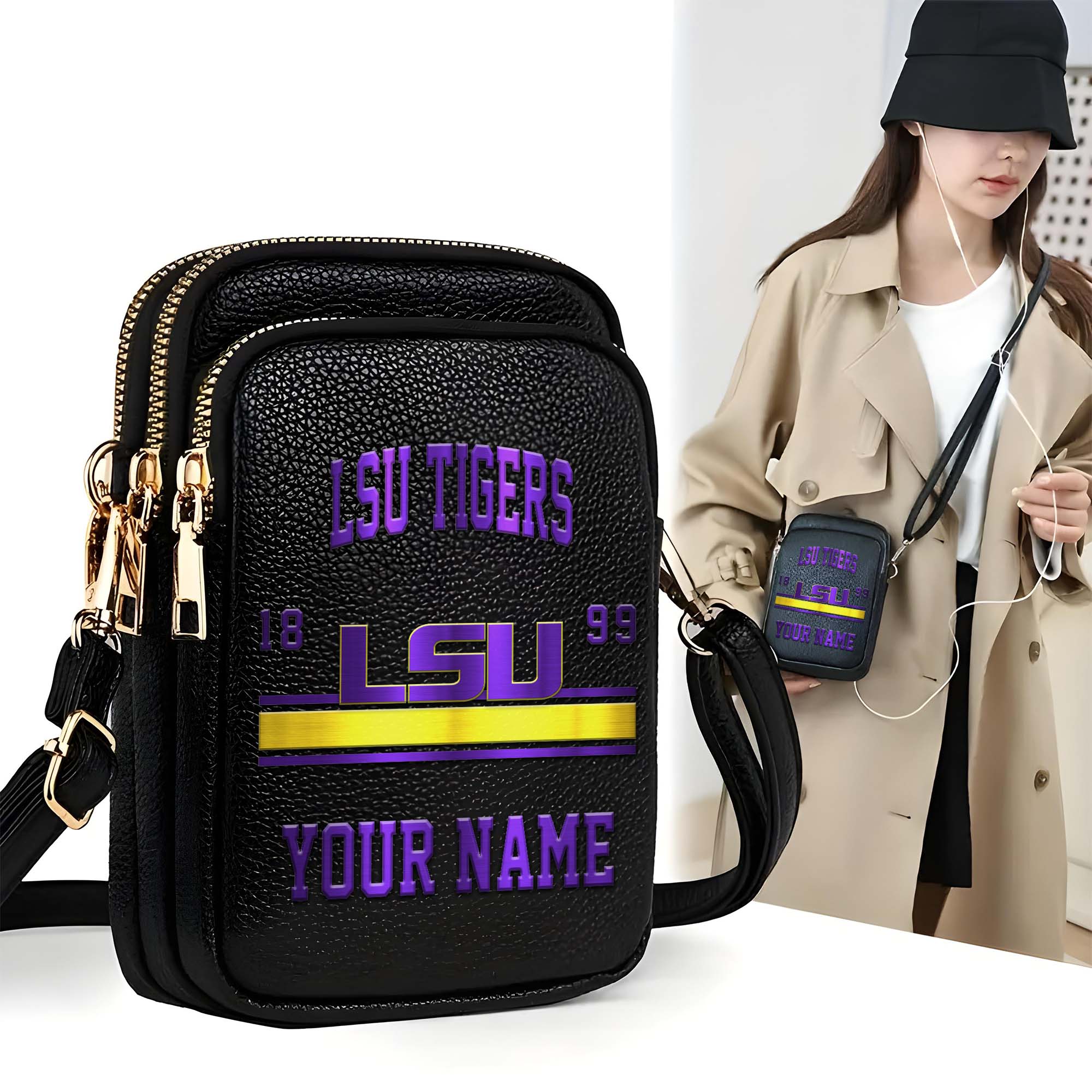 LSU TIGERS Customized Womens Mobile Phone Bag With Your Name, Leather Crossbody Bag, Fan Gifts