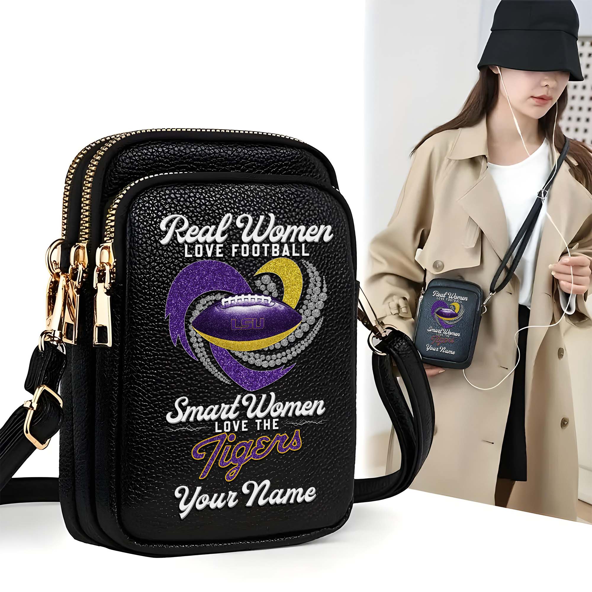 LSU TIGERS Customized Womens Mobile Phone Bag With Your Name, Leather Crossbody Bag, Fan Gifts