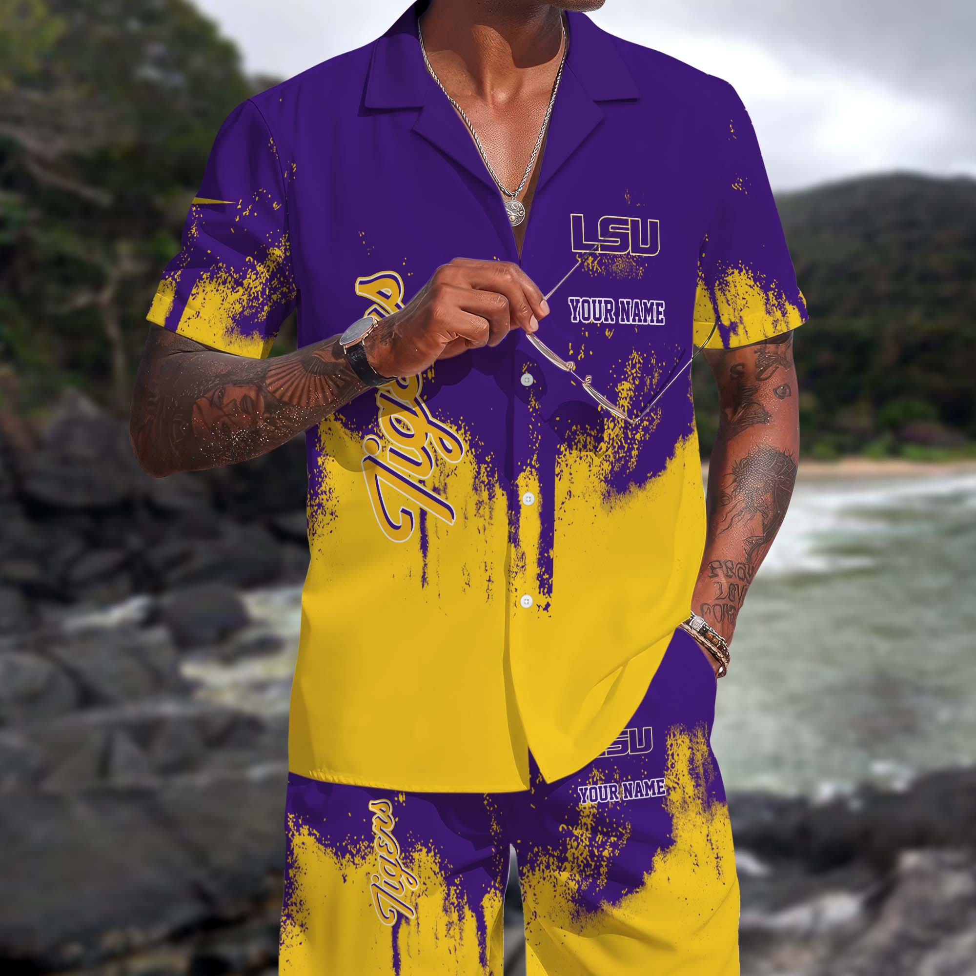 LSU TIGERS Hawaiian Shorts Set Custom You Name, Sports Shorts, Gifts For Fan