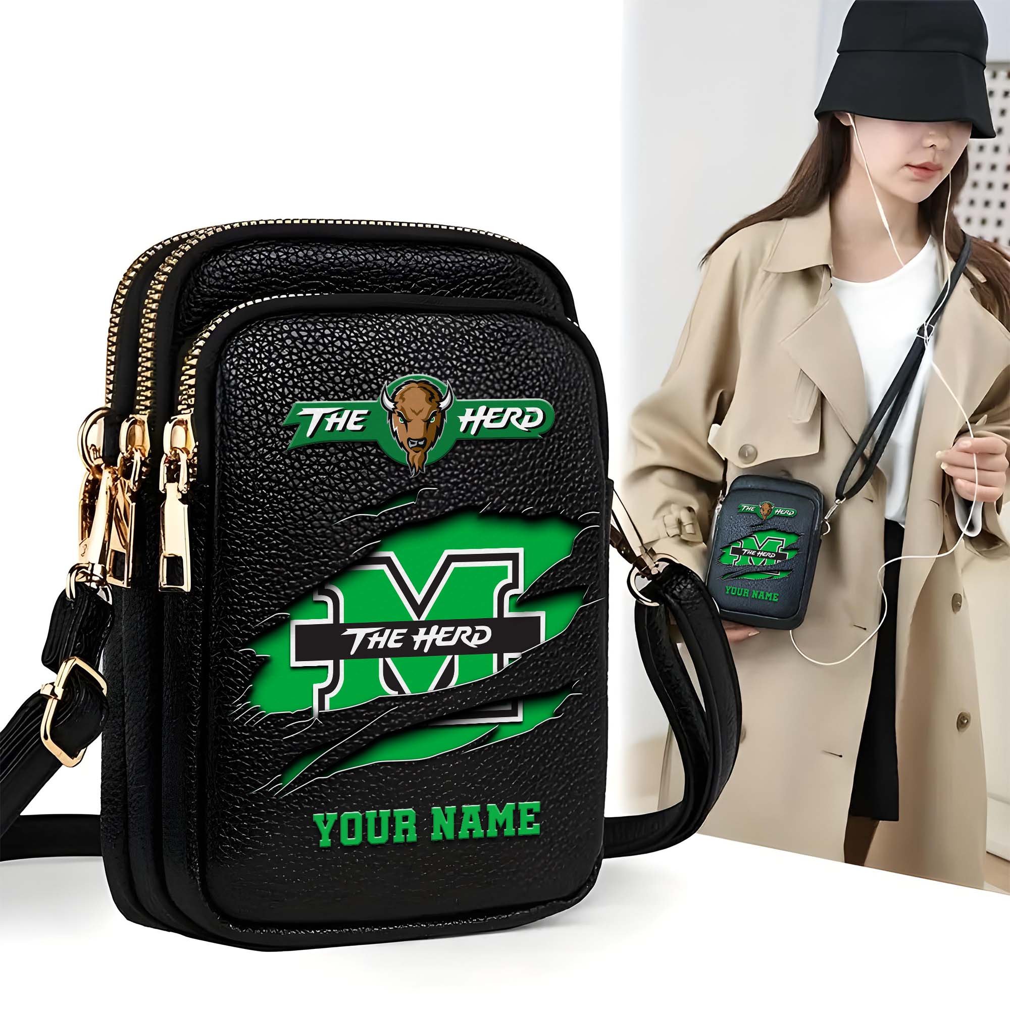 Marshall Thundering Herd Customized Womens Mobile Phone Bag With Your Name, Leather Crossbody Bag, Fan Gifts