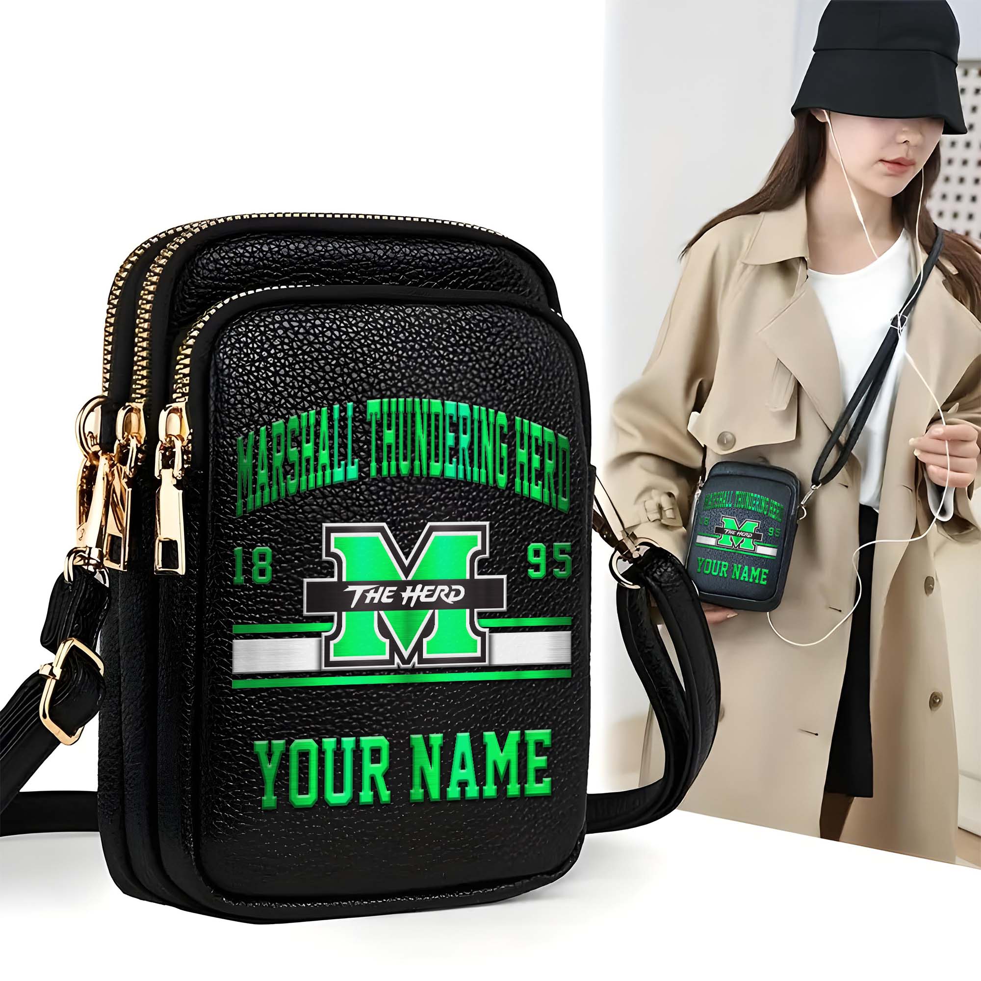 Marshall Thundering Herd Customized Womens Mobile Phone Bag With Your Name, Leather Crossbody Bag, Fan Gifts