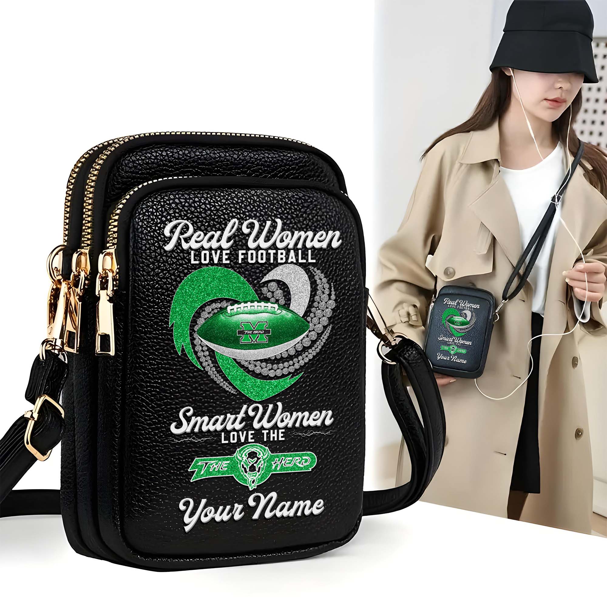 Marshall Thundering Herd Customized Womens Mobile Phone Bag With Your Name, Leather Crossbody Bag, Fan Gifts