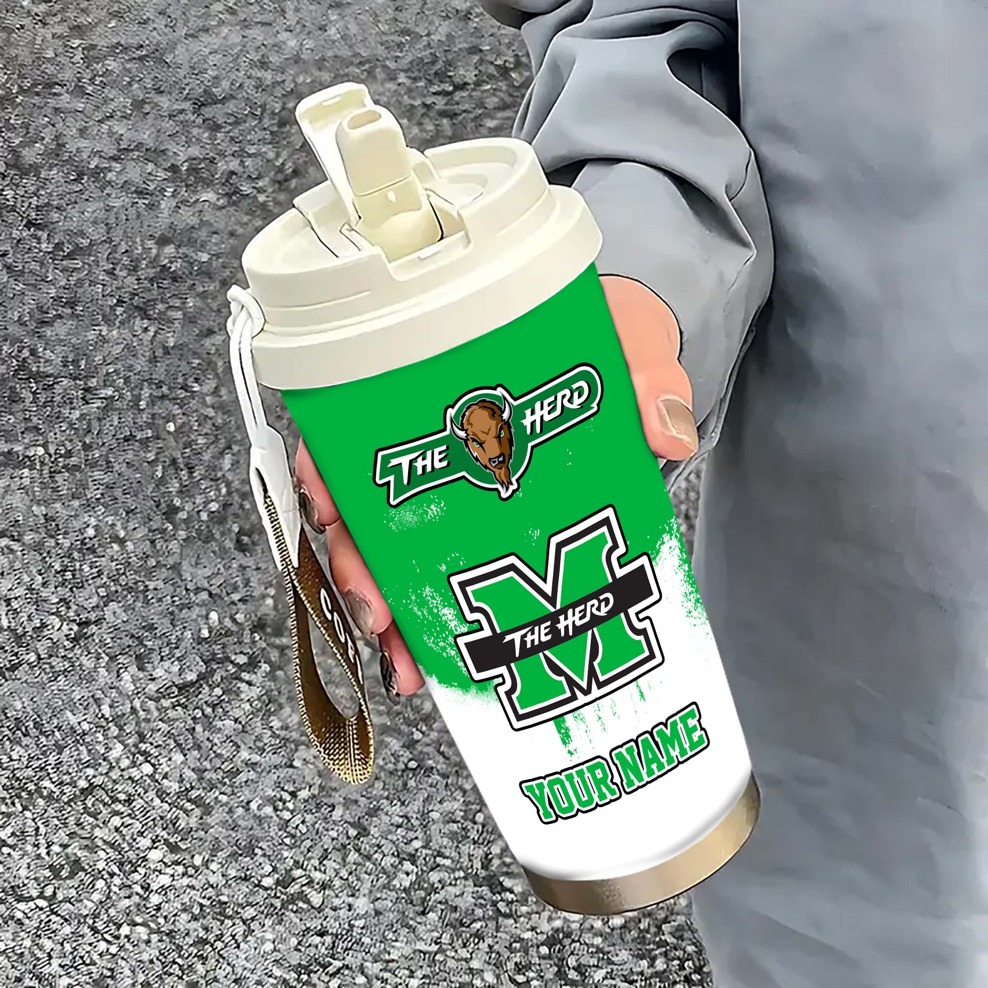 Marshall Thundering Herd Insulated Coffee Mug With Straw And Lid, Portable Coffee Travel Mug For Car, Fan Gifts
