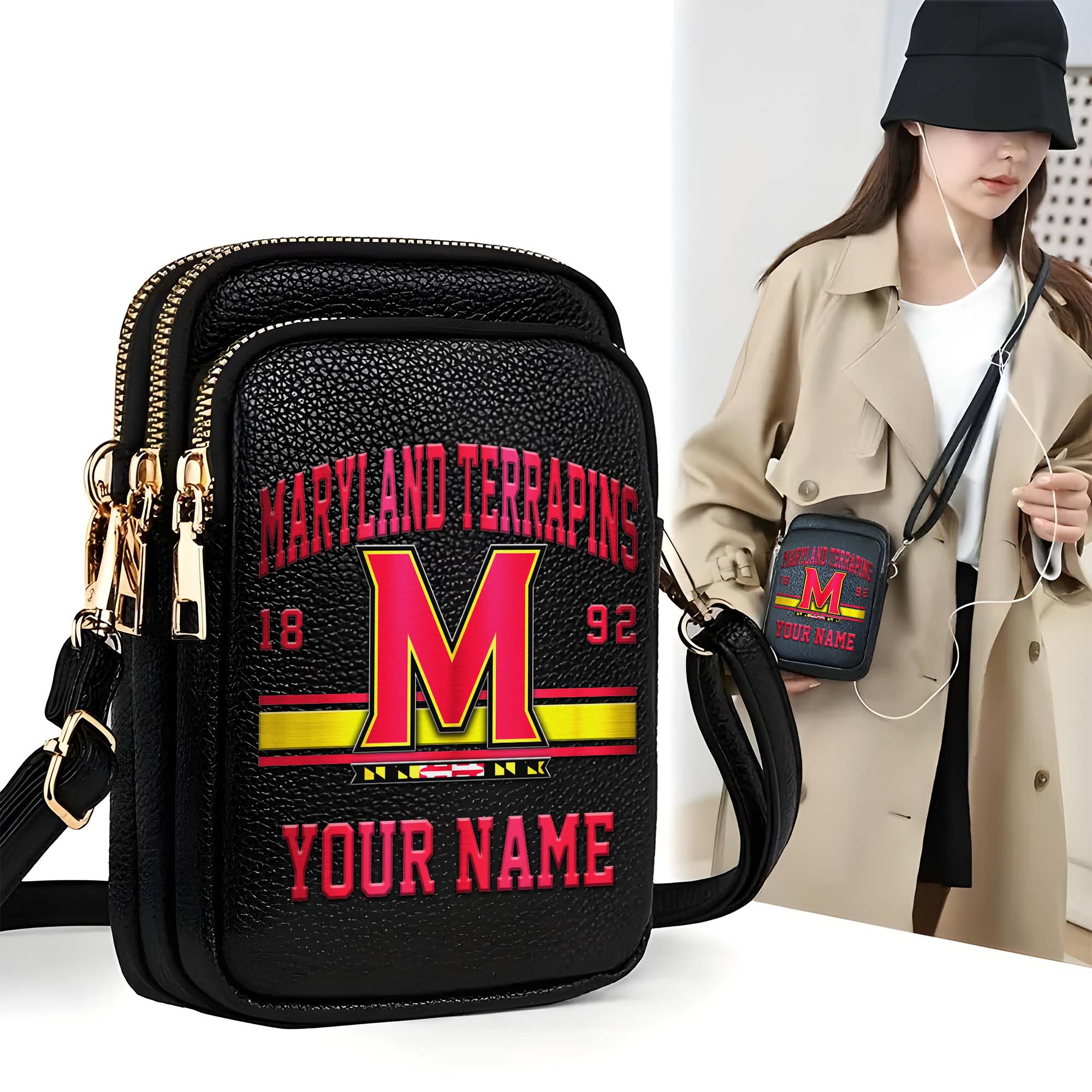 Maryland Terrapins Customized Womens Mobile Phone Bag With Your Name, Leather Crossbody Bag, Fan Gifts