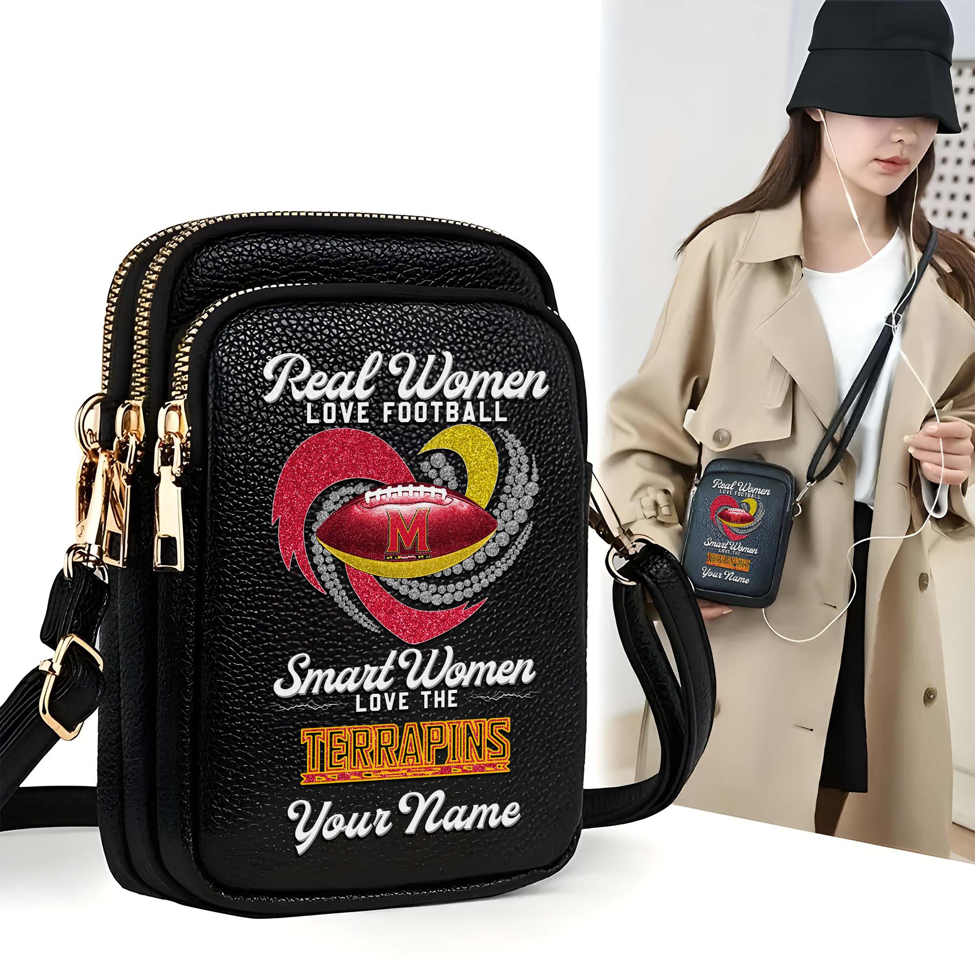 Maryland Terrapins Customized Womens Mobile Phone Bag With Your Name, Leather Crossbody Bag, Fan Gifts