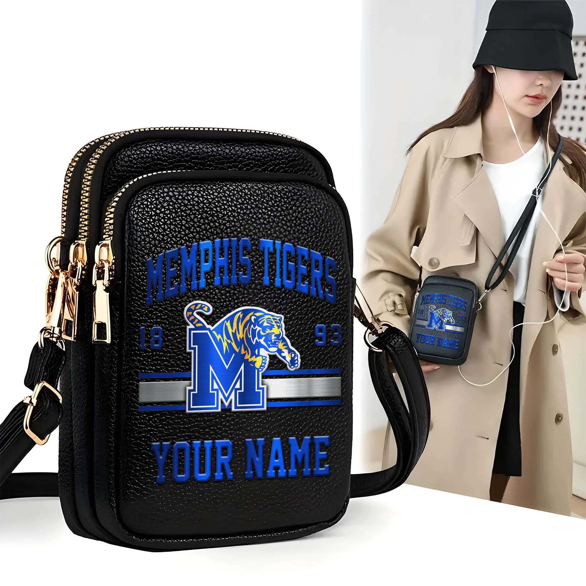 Memphis Tigers Customized Womens Mobile Phone Bag With Your Name, Leather Crossbody Bag, Fan Gifts